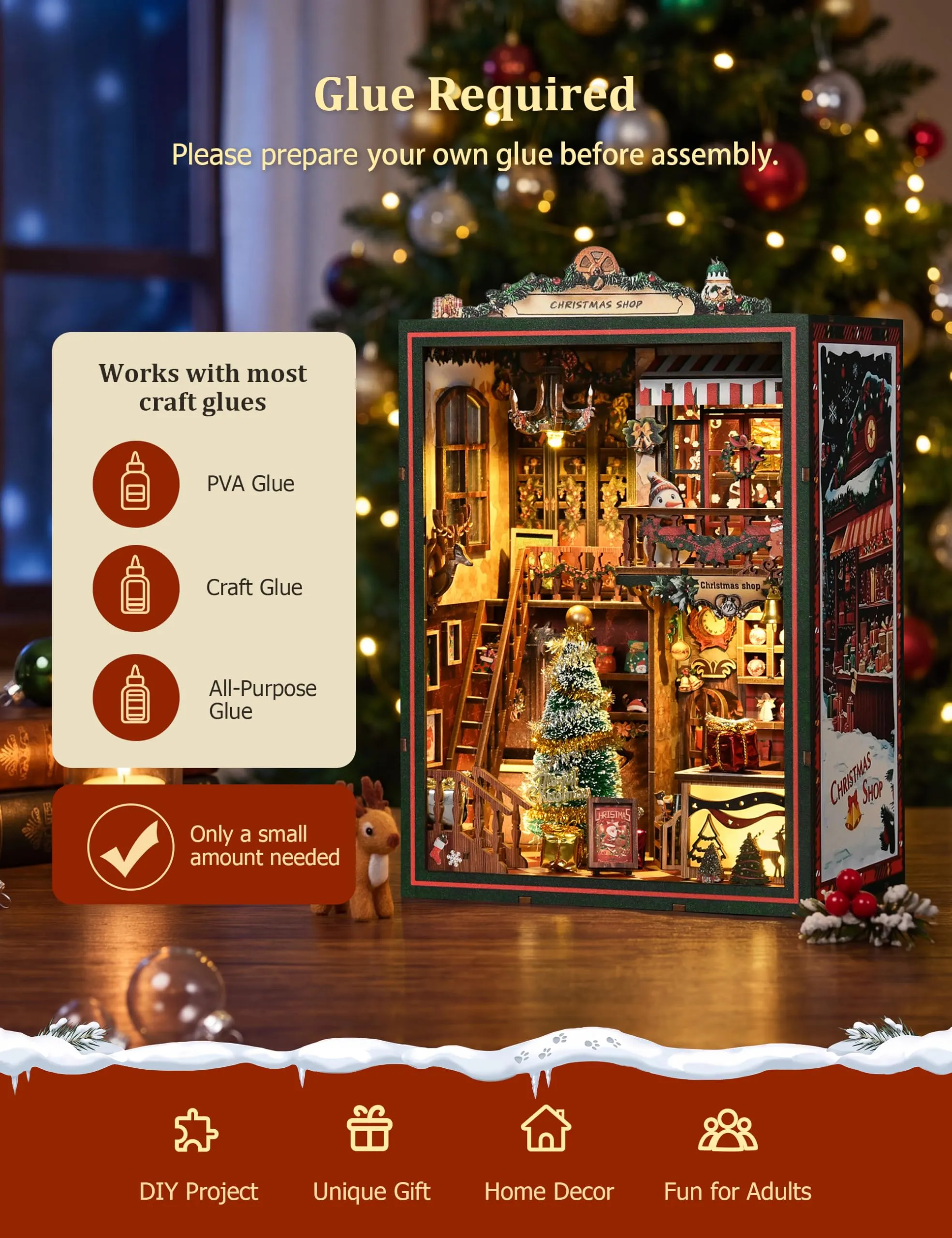 BESSERITE Book Nook Christmas Shop con LED e Musica, Puzzle 3D, 264 Pezzi - immagine 9