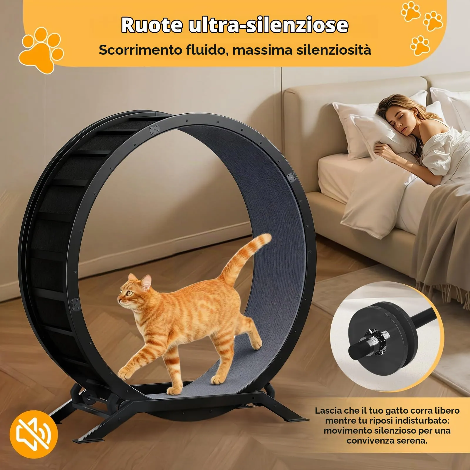 GTPLAYER Ruota per gatti Ruota per esercizi per gatti M - 75 cm, ultra silenziosa con tappetino rimovibile, adesivi, sistema di bloccaggio, metallo, nero, regali per il vostro gatto - immagine 2