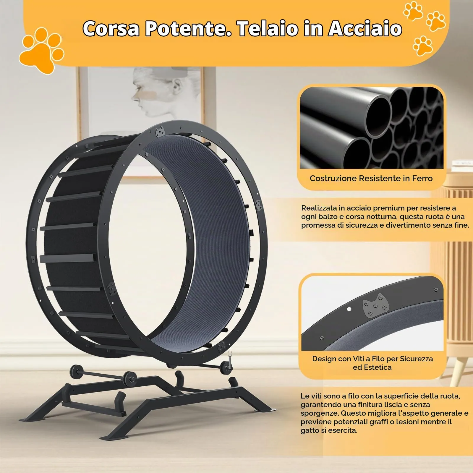 GTPLAYER Ruota per gatti Ruota per esercizi per gatti M - 75 cm, ultra silenziosa con tappetino rimovibile, adesivi, sistema di bloccaggio, metallo, nero, regali per il vostro gatto - immagine 7