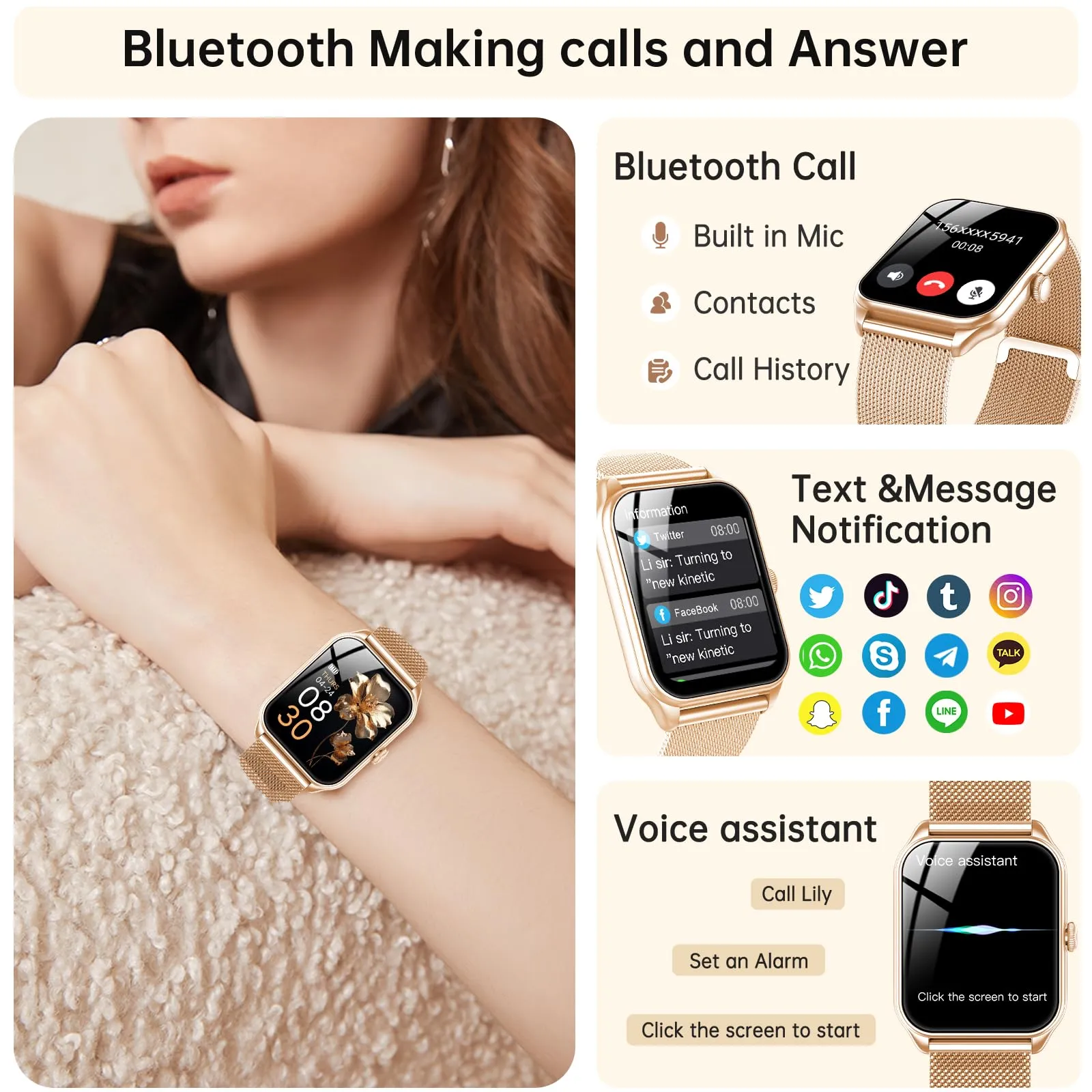 Smartwatch da donna con funzione telefonica, touch screen da 1,83", fitness tracker, 120+ modalità sportive, IP68, impermeabile, smart watch con frequenza cardiaca, monitor del sonno, contapassi - immagine 2