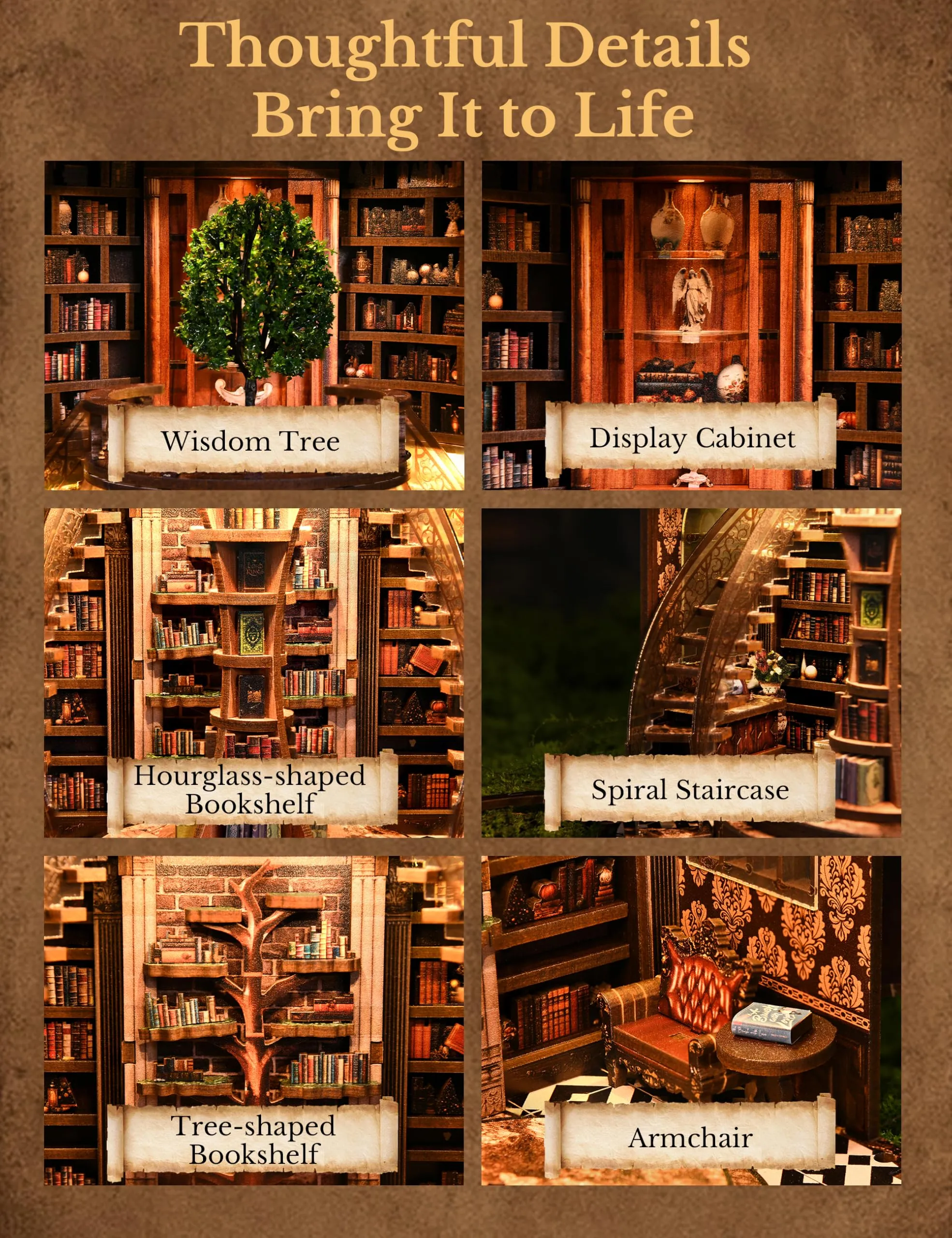 BESSERITE Book Nook Biblioteca con Porte e Luci LED, Puzzle 3D, 356 Pezzi - immagine 3