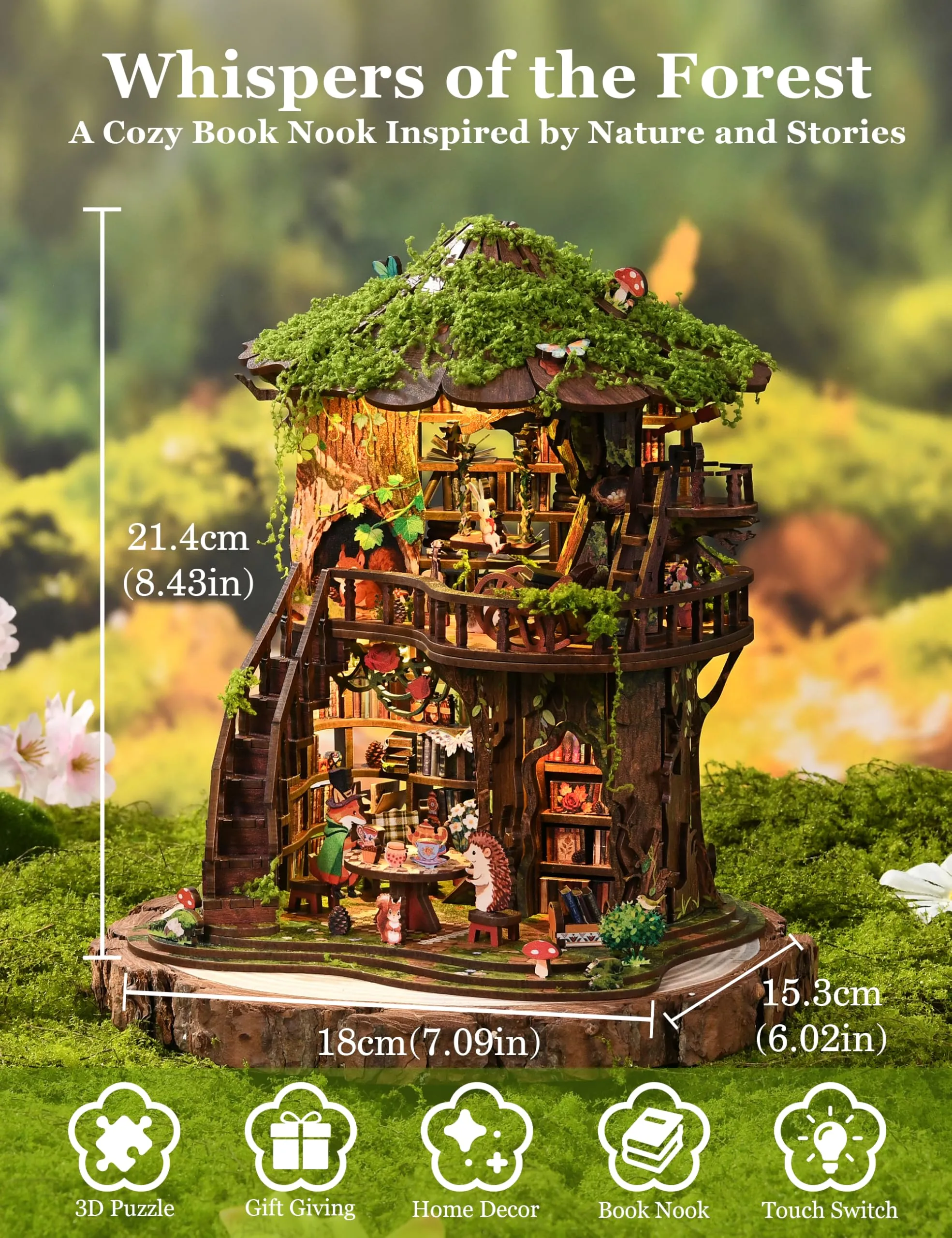 BESSERITE Book Nook Bosco con Sala da Tè, Luci LED, Puzzle 3D, 410 Pezzi - immagine 2