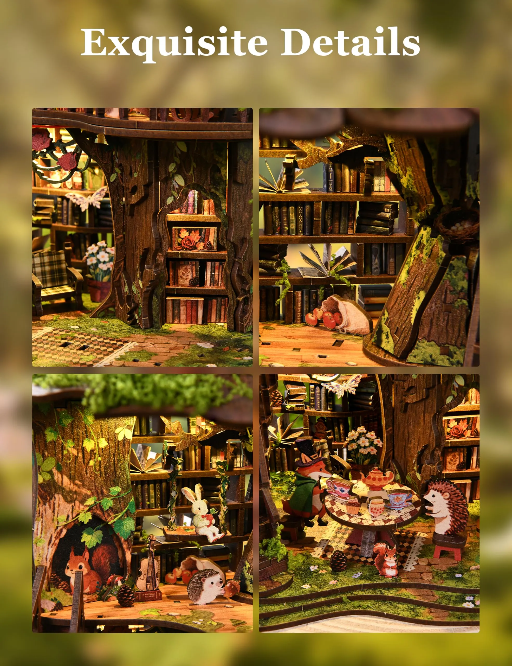 BESSERITE Book Nook Bosco con Sala da Tè, Luci LED, Puzzle 3D, 410 Pezzi - immagine 3