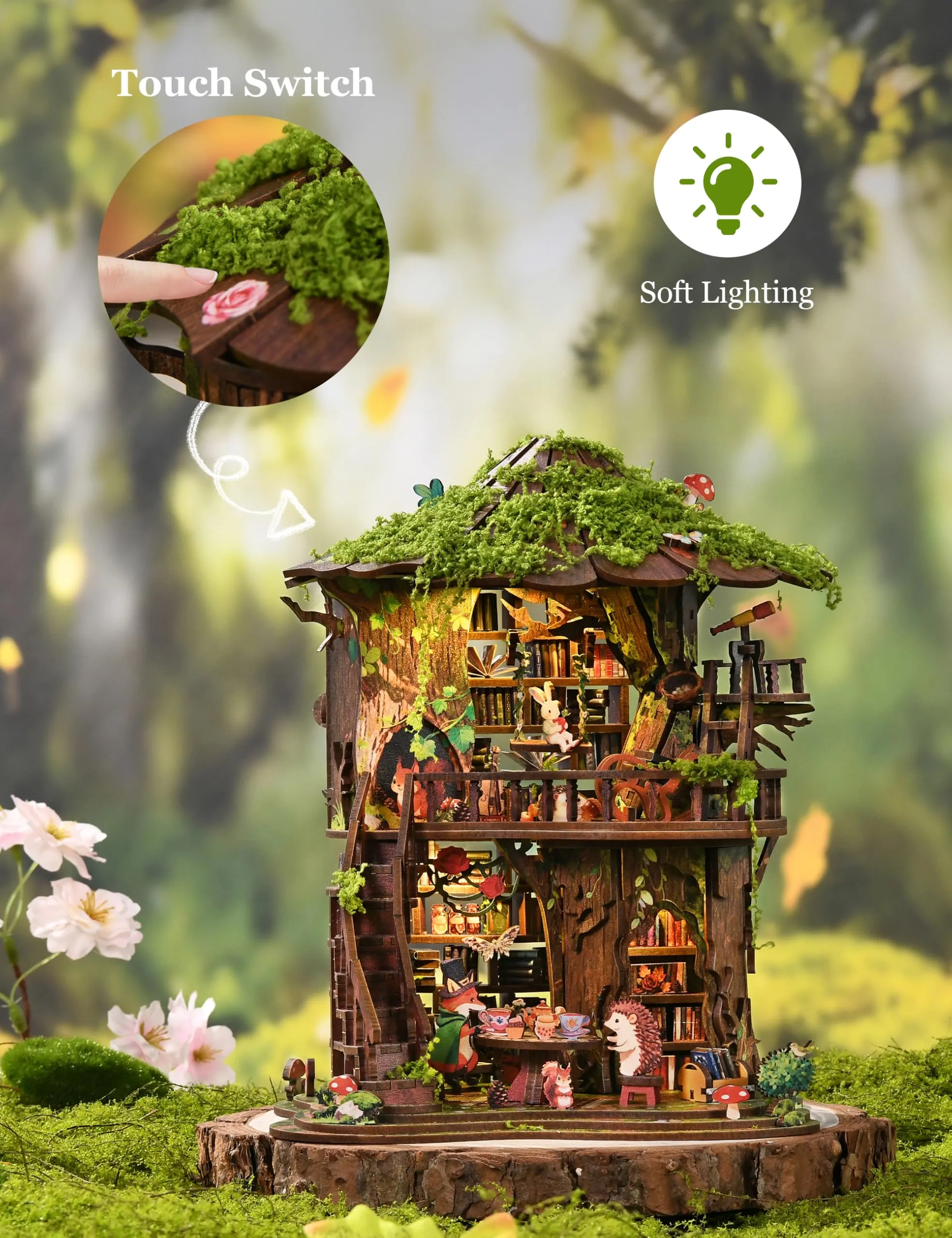 BESSERITE Book Nook Bosco con Sala da Tè, Luci LED, Puzzle 3D, 410 Pezzi - immagine 4