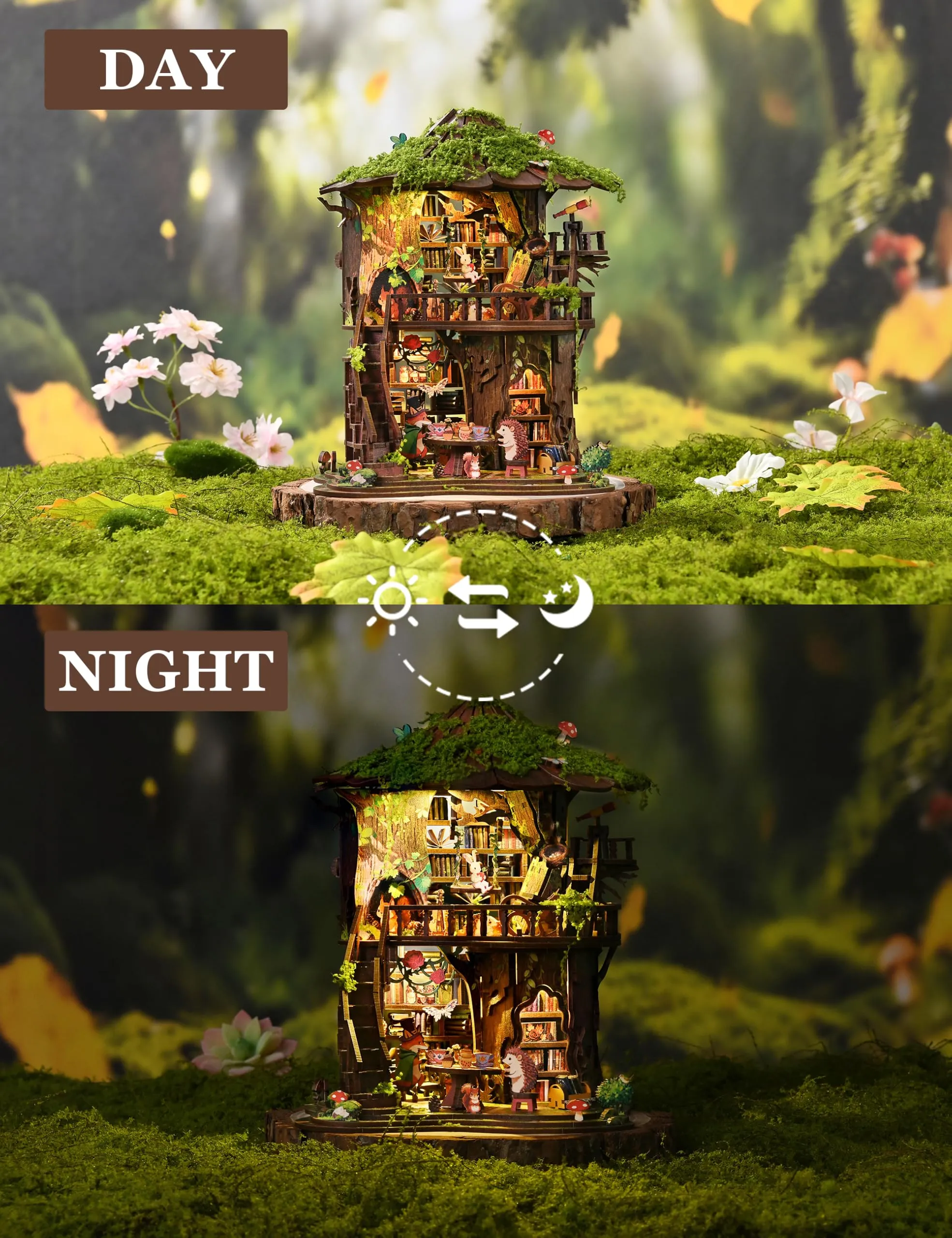BESSERITE Book Nook Bosco con Sala da Tè, Luci LED, Puzzle 3D, 410 Pezzi - immagine 5