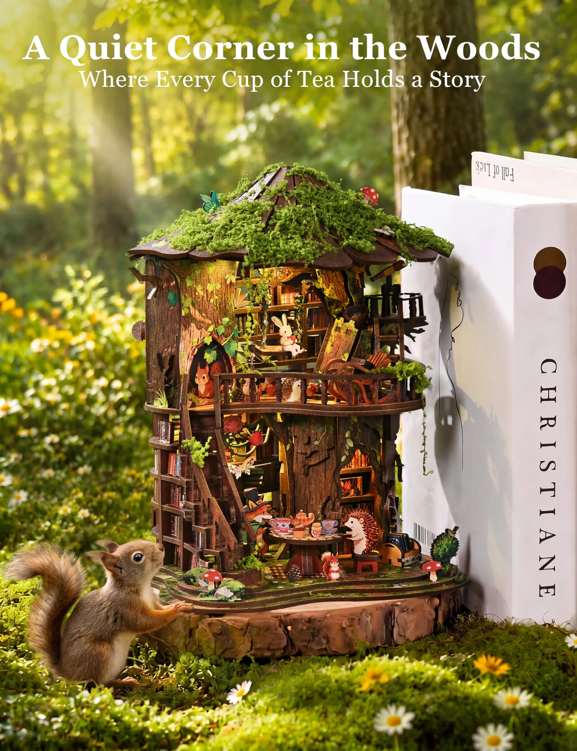 BESSERITE Book Nook Bosco con Sala da Tè, Luci LED, Puzzle 3D, 410 Pezzi - immagine 7