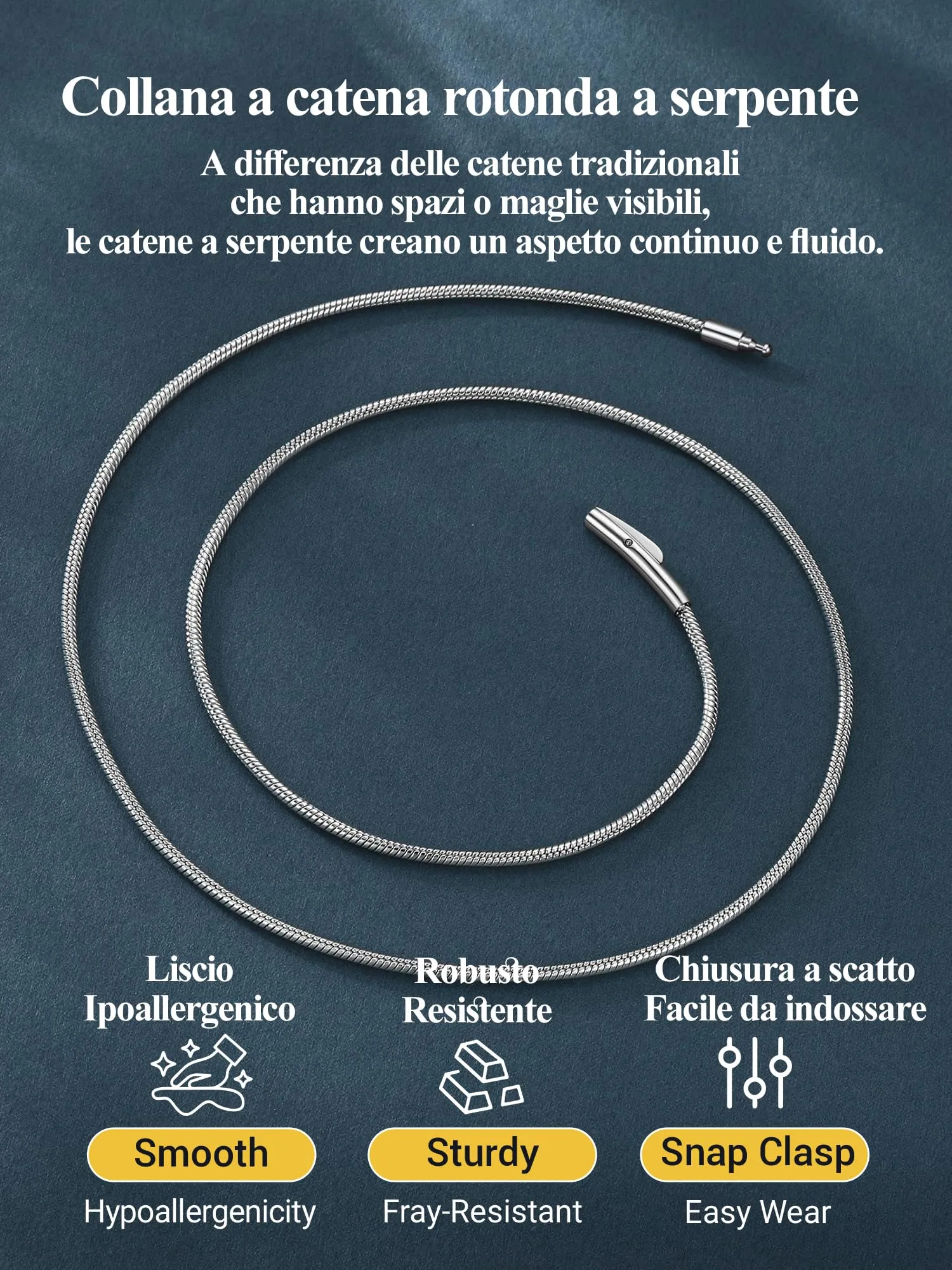 PROSTEEL 76CM Collana Serpente 2MM Collana Uomo Acciaio Donna Argento Serpentina Agile Catenina Versatile Solo o Impilato in 316L Acciaio Inox - immagine 8