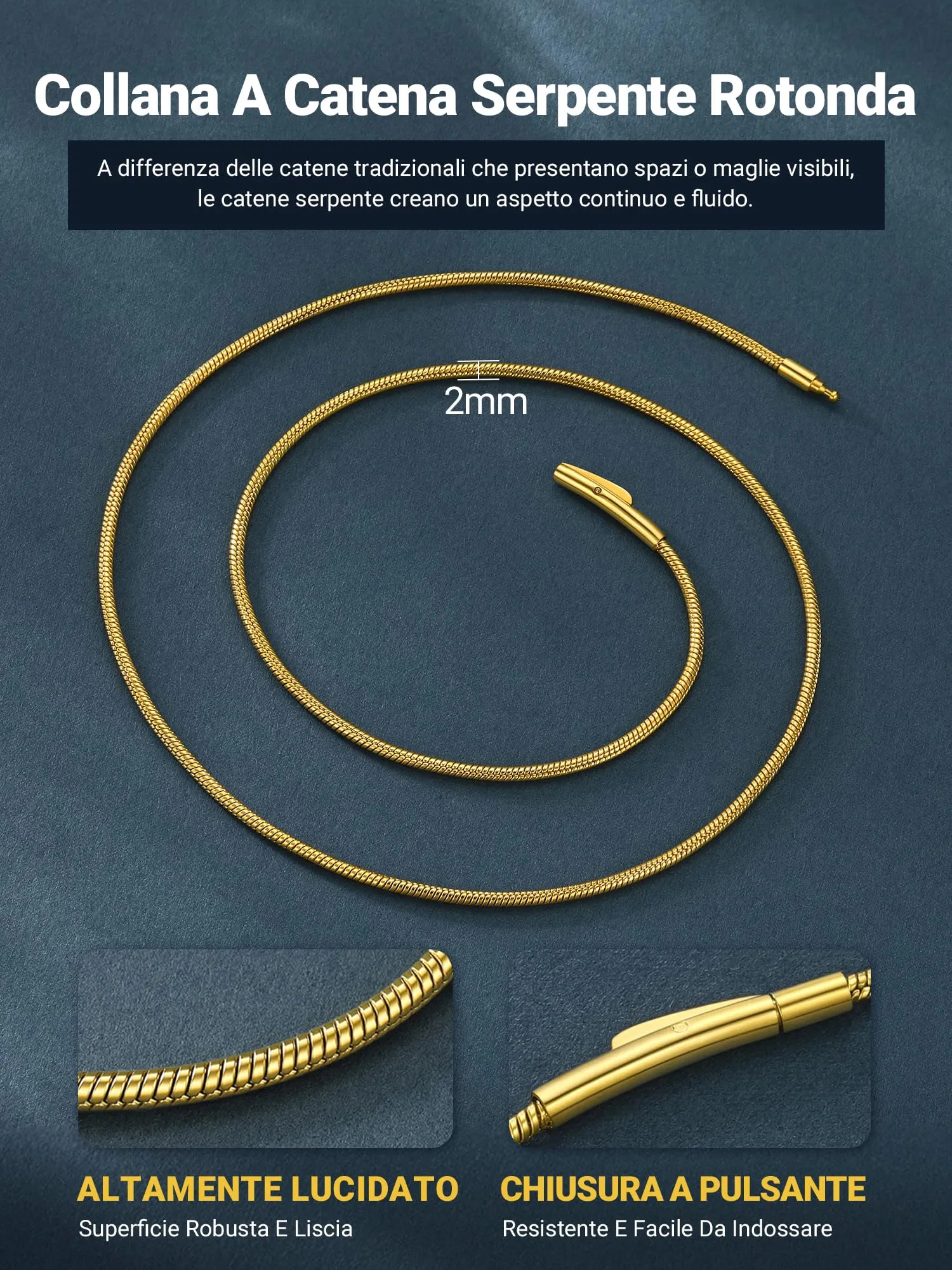 PROSTEEL 76CM Collana Serpente 2MM Collana Uomo Acciaio Donna Argento Serpentina Agile Catenina Versatile Solo o Impilato in 316L Acciaio Inox - immagine 6