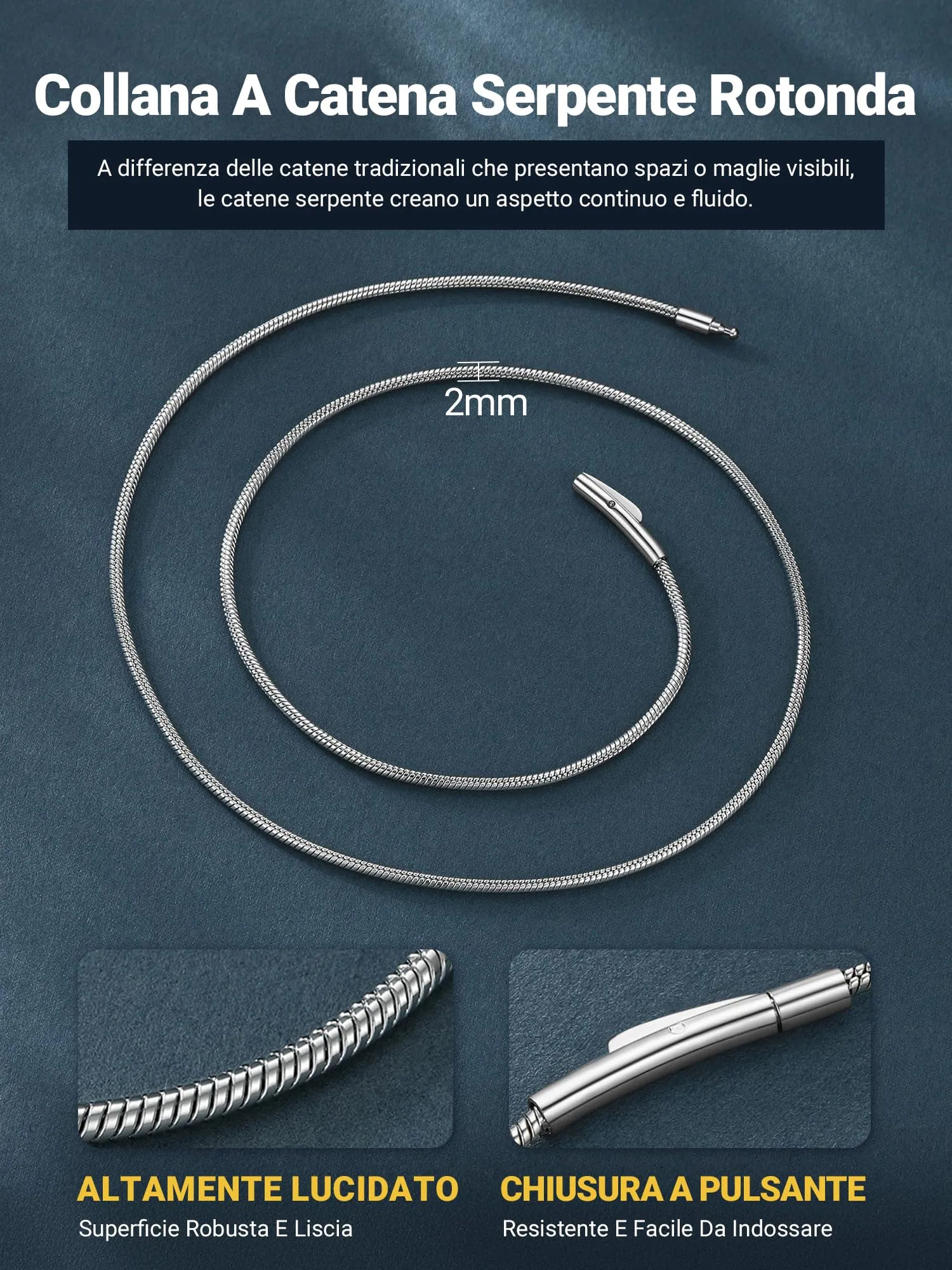 PROSTEEL 66CM Collana Serpente 2MM Collana Uomo Acciaio Donna Argento Serpentina Agile Catenina Versatile Solo o Impilato in 316L Acciaio Inox - immagine 3