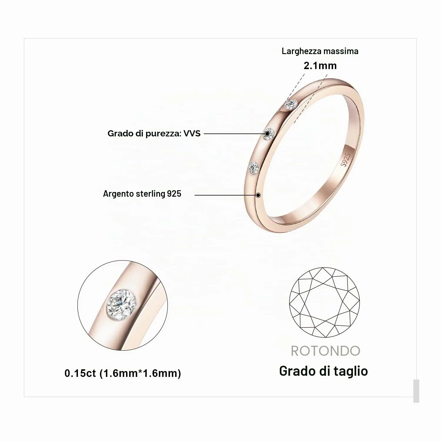JewelryPalace Classici Anelli Impilabili Donna Argento 925 con Cubic Zirconia, Anello Rosa a Tre Pietre Preziose, Fedi Matrimonio in Argento Oro Rosa Set Gioielli - immagine 2