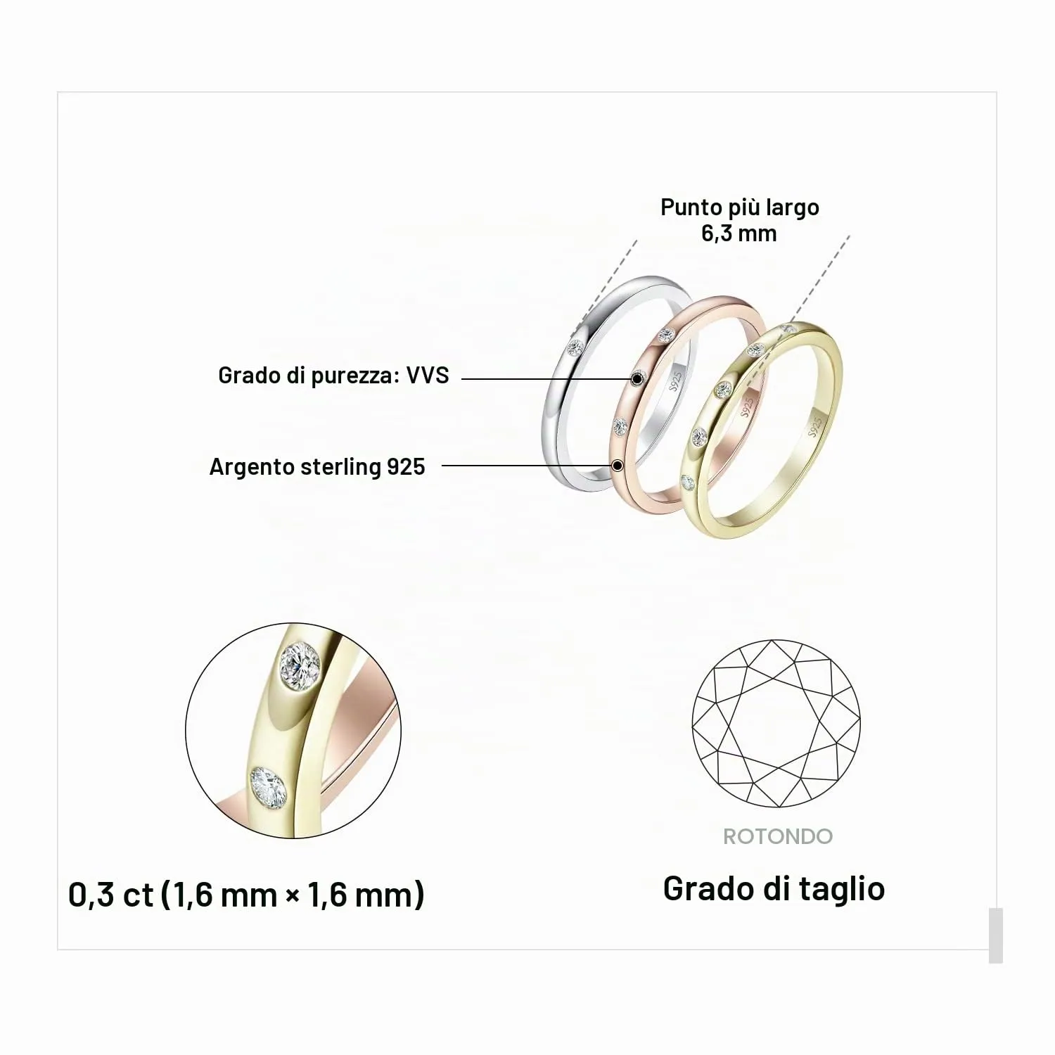 JewelryPalace Classici Anelli Impilabili Donna Argento 925 con Cubic Zirconia, Anello Promessa Solitario Donna Argento Anello Rosa a Tre Pietre Anello Dorato con 5 Pietre, Fedi Matrimonio Set Anelli - immagine 2