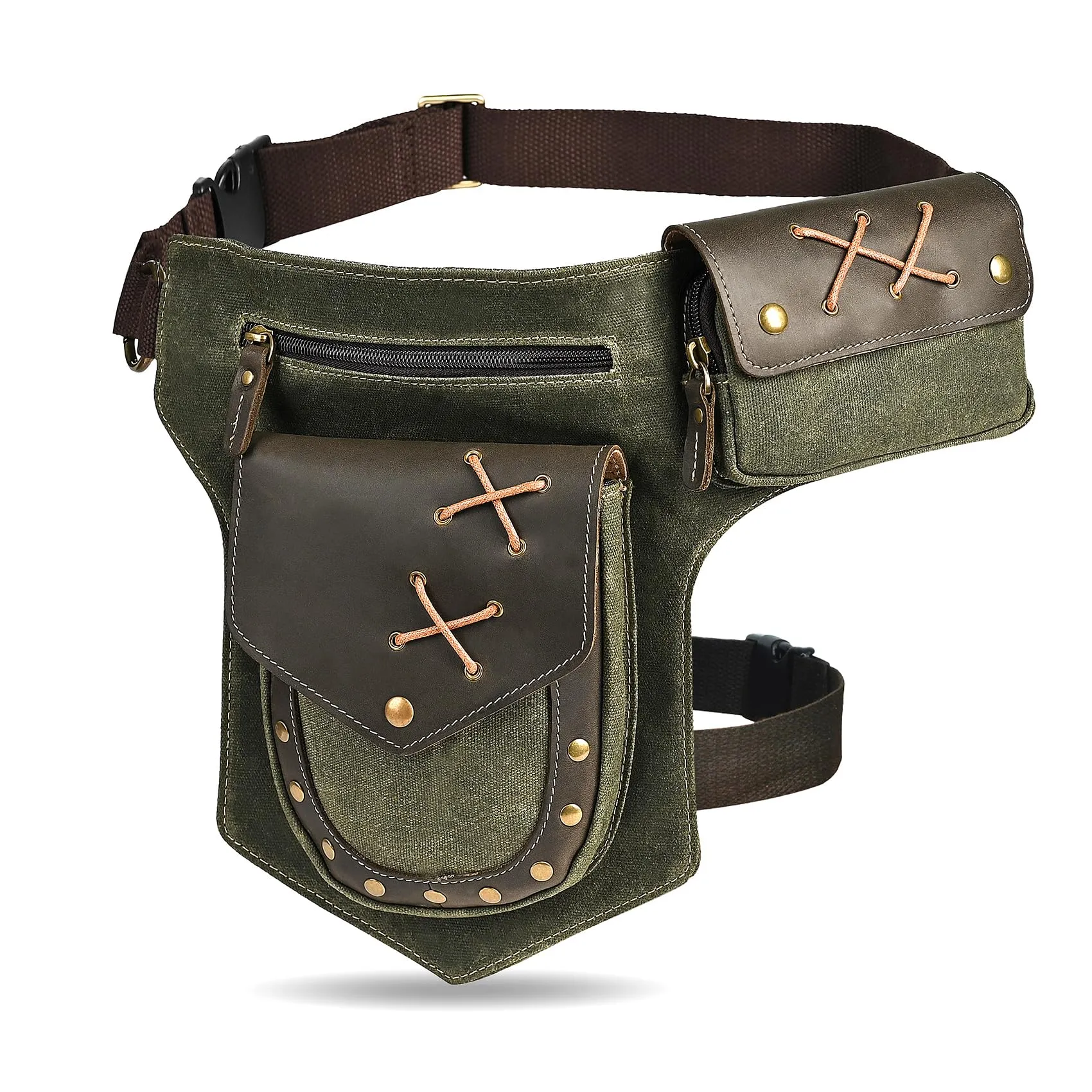 Handadsume Tela Resistente All'acqua + Vera Pelle Moto Equitazione Travel Coscia Borsa per Gambe Marsupio in Vita Per Gli Uomini Donne FB211-8 (A-Verde) - immagine 1