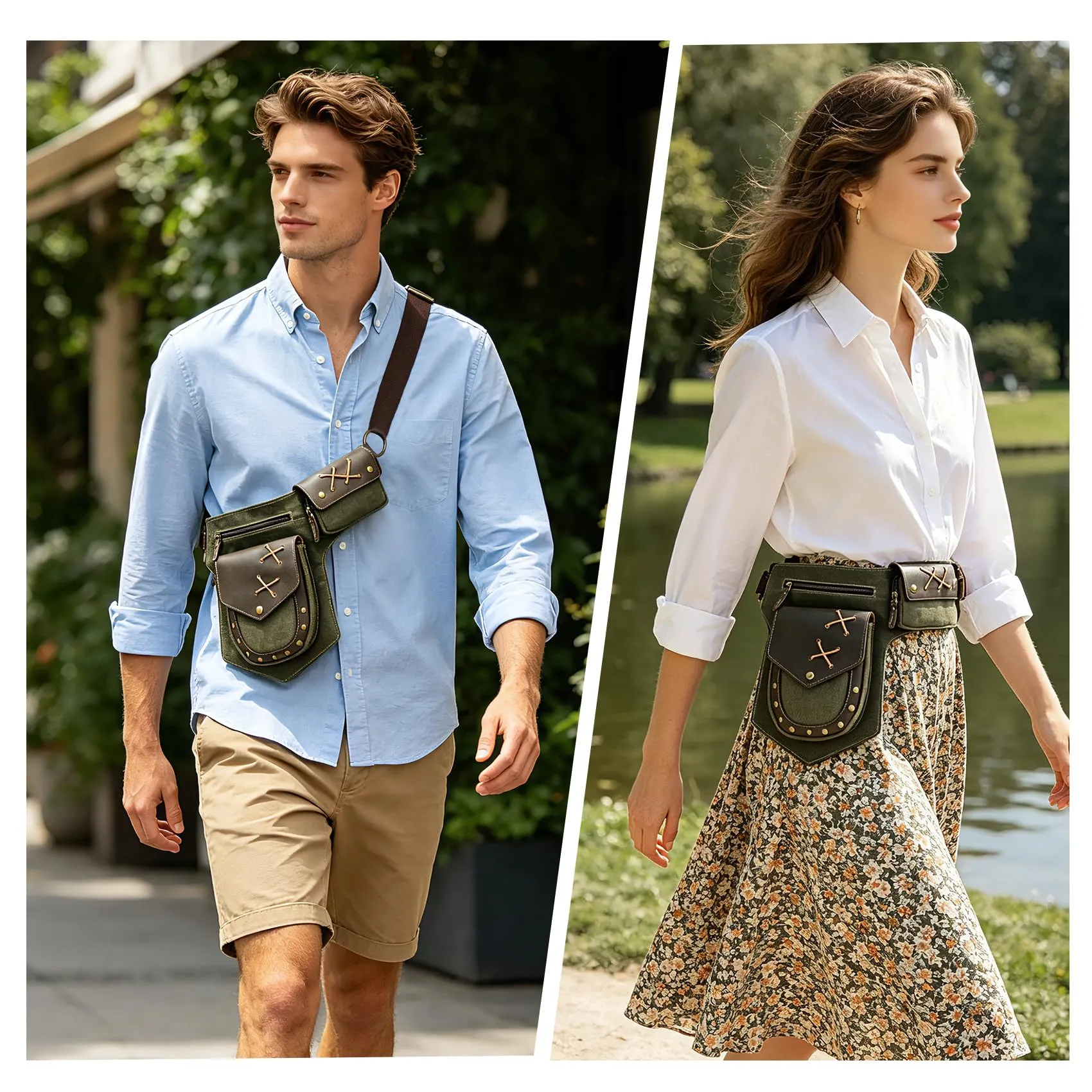 Handadsume Tela Resistente All'acqua + Vera Pelle Moto Equitazione Travel Coscia Borsa per Gambe Marsupio in Vita Per Gli Uomini Donne FB211-8 (A-Verde) - immagine 2