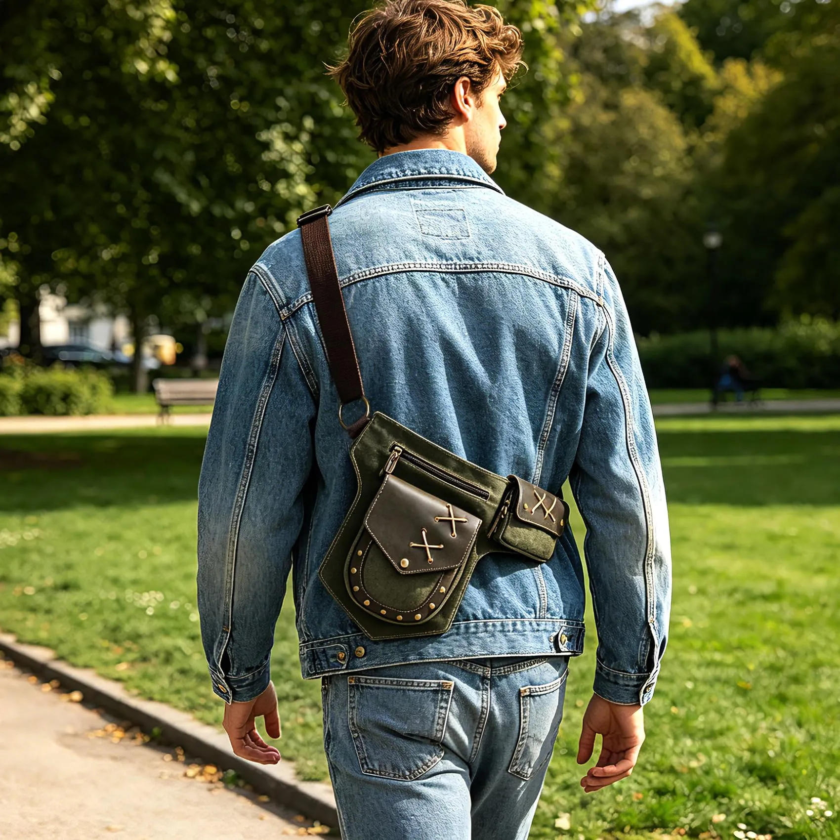 Handadsume Tela Resistente All'acqua + Vera Pelle Moto Equitazione Travel Coscia Borsa per Gambe Marsupio in Vita Per Gli Uomini Donne FB211-8 (A-Verde) - immagine 3
