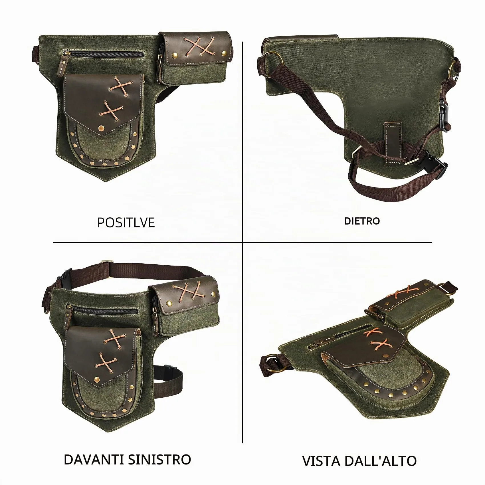 Handadsume Tela Resistente All'acqua + Vera Pelle Moto Equitazione Travel Coscia Borsa per Gambe Marsupio in Vita Per Gli Uomini Donne FB211-8 (A-Verde) - immagine 4