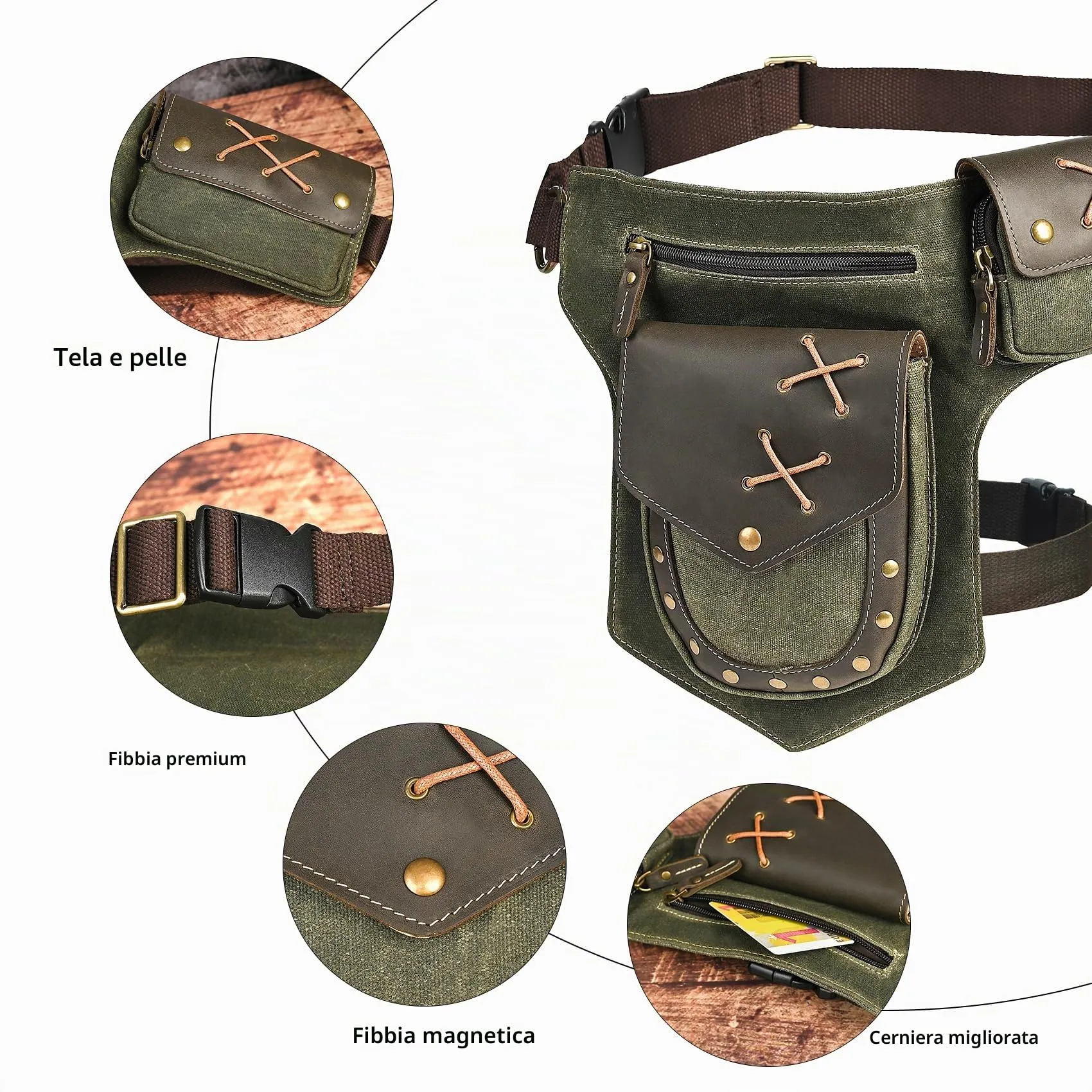 Handadsume Tela Resistente All'acqua + Vera Pelle Moto Equitazione Travel Coscia Borsa per Gambe Marsupio in Vita Per Gli Uomini Donne FB211-8 (A-Verde) - immagine 5