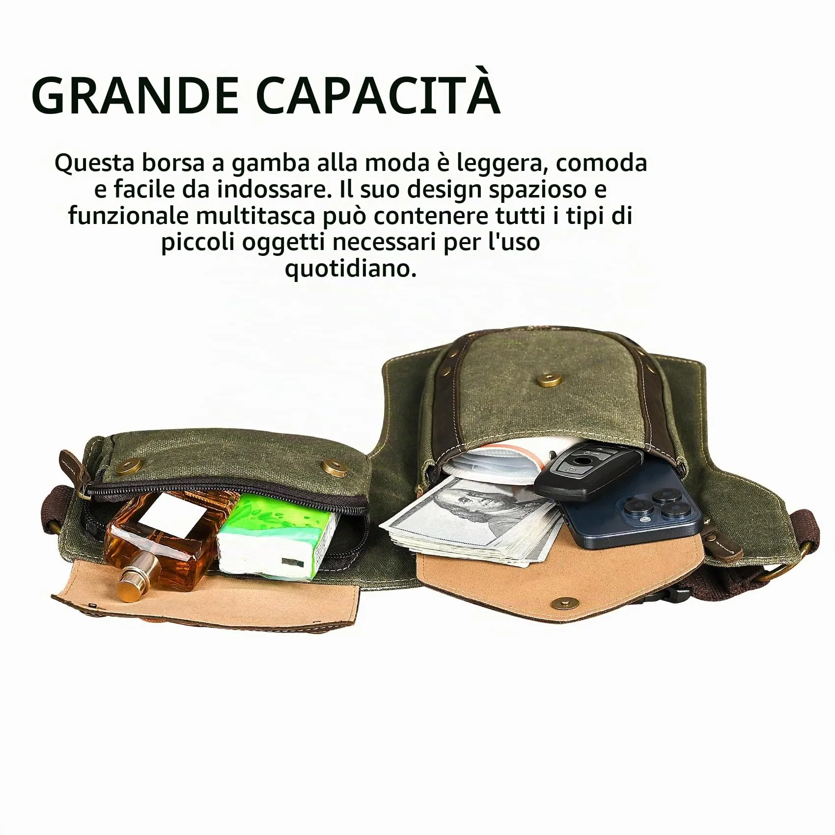 Handadsume Tela Resistente All'acqua + Vera Pelle Moto Equitazione Travel Coscia Borsa per Gambe Marsupio in Vita Per Gli Uomini Donne FB211-8 (A-Verde) - immagine 6