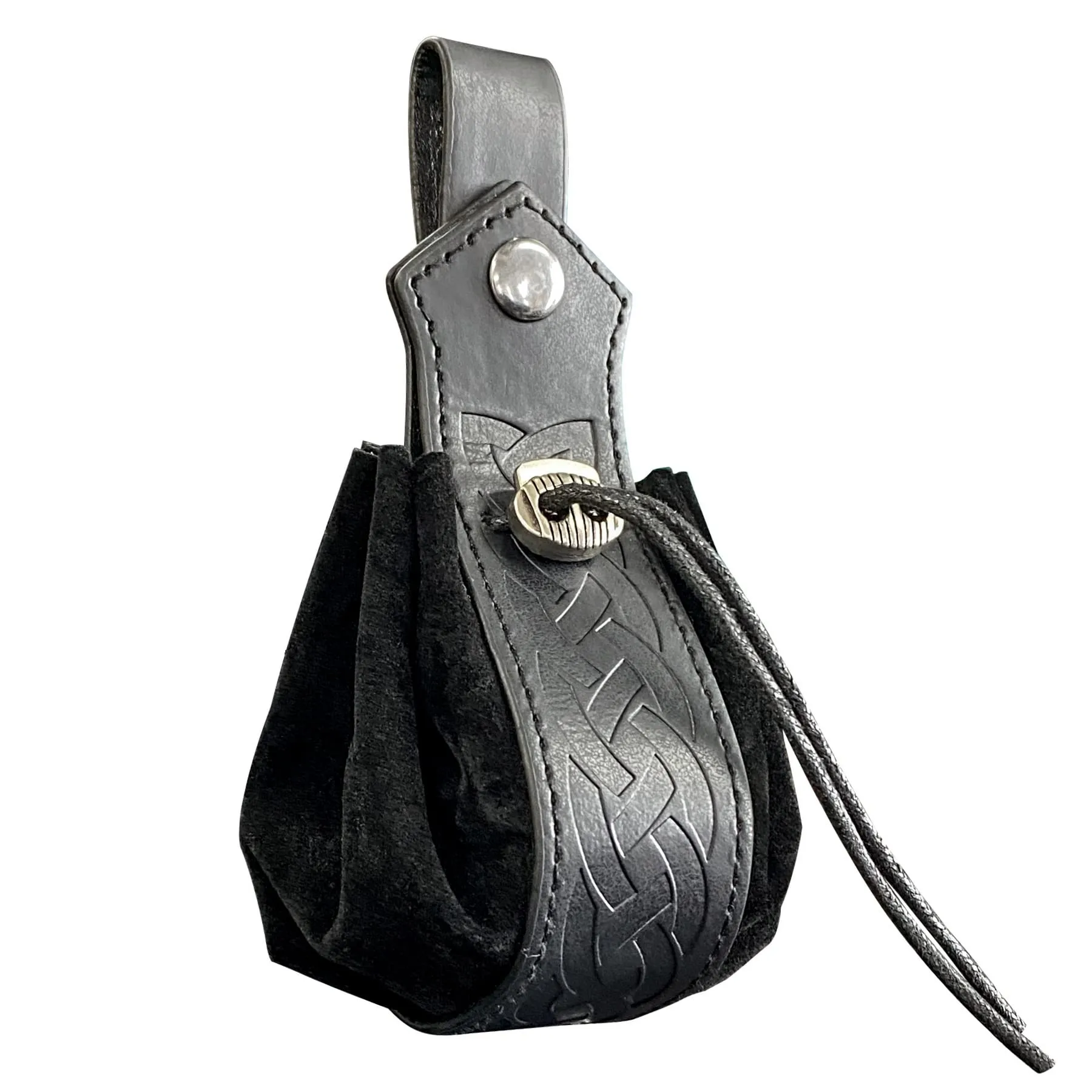 Marsupio medievale in ecopelle, marsupio vichingo con coulisse, portamonete rinascimentale vintage, sacchetto dei dadi per il LARP Halloween Ren Faire (Nero) - immagine 1