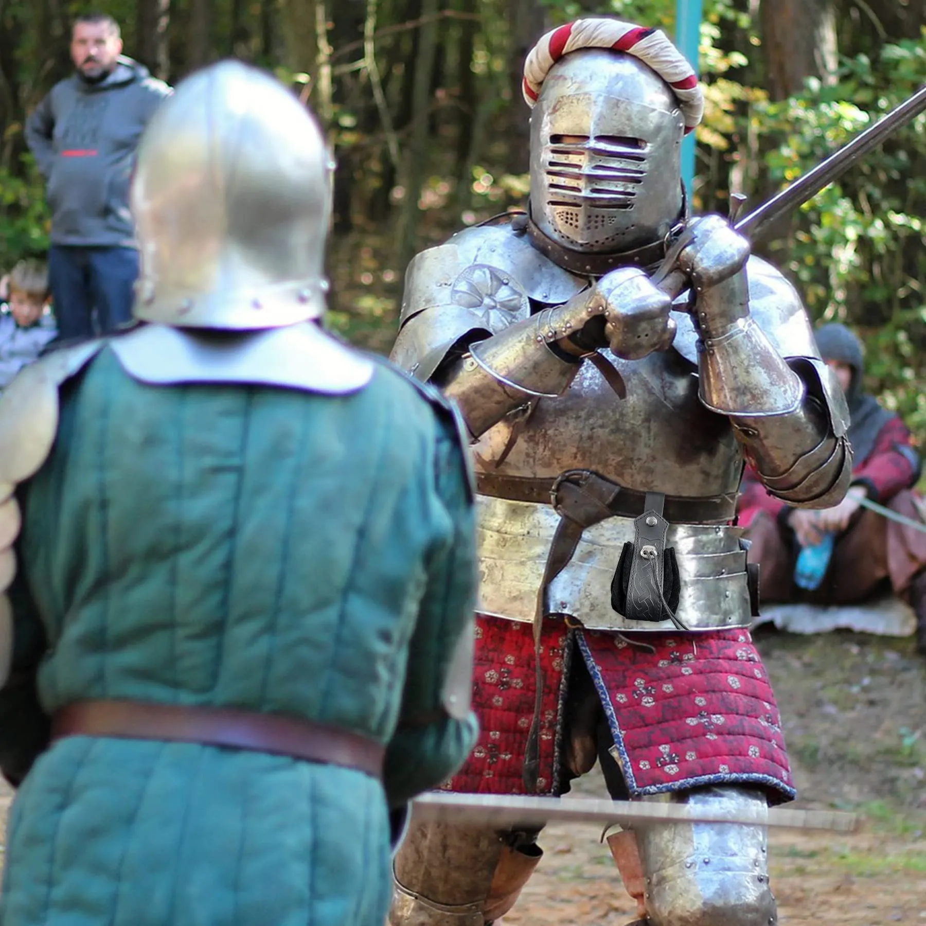 Marsupio medievale in ecopelle, marsupio vichingo con coulisse, portamonete rinascimentale vintage, sacchetto dei dadi per il LARP Halloween Ren Faire (Nero) - immagine 4