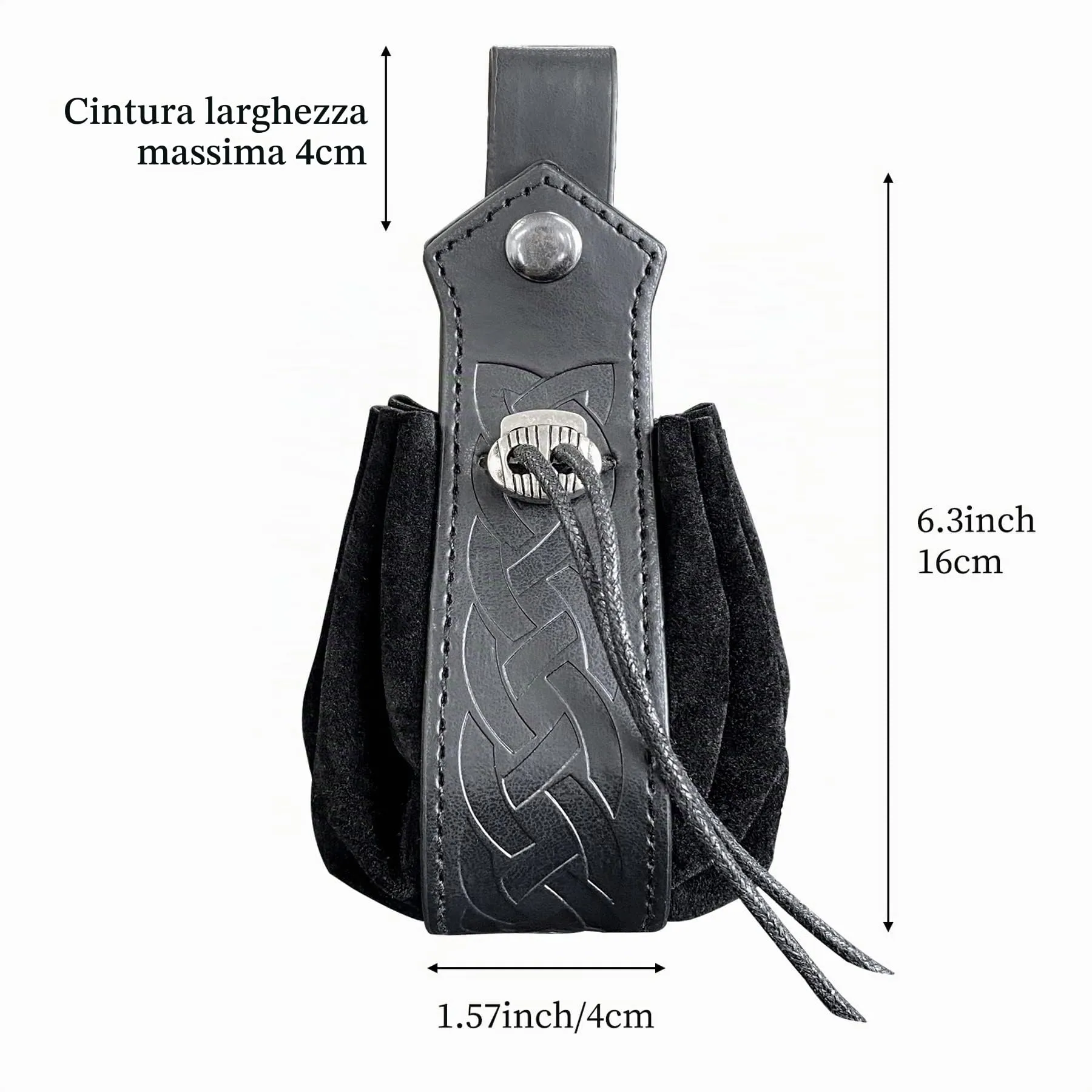 Marsupio medievale in ecopelle, marsupio vichingo con coulisse, portamonete rinascimentale vintage, sacchetto dei dadi per il LARP Halloween Ren Faire (Nero) - immagine 5