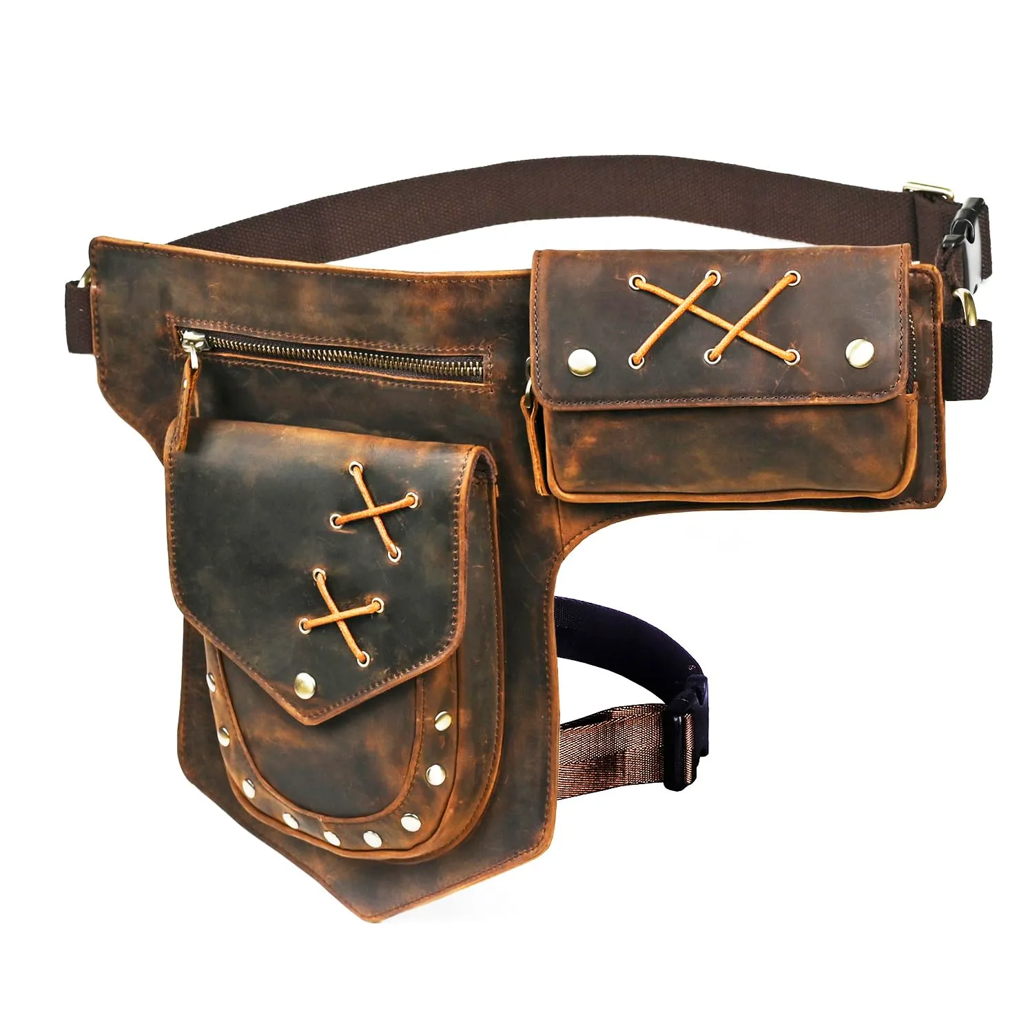 Handadsume Tela Resistente All'acqua + Vera Pelle Moto Equitazione Travel Coscia Borsa per Gambe Marsupio in Vita Per Gli Uomini Donne FB211-8 (100% Vera Pelle-A-Marrone) - immagine 1