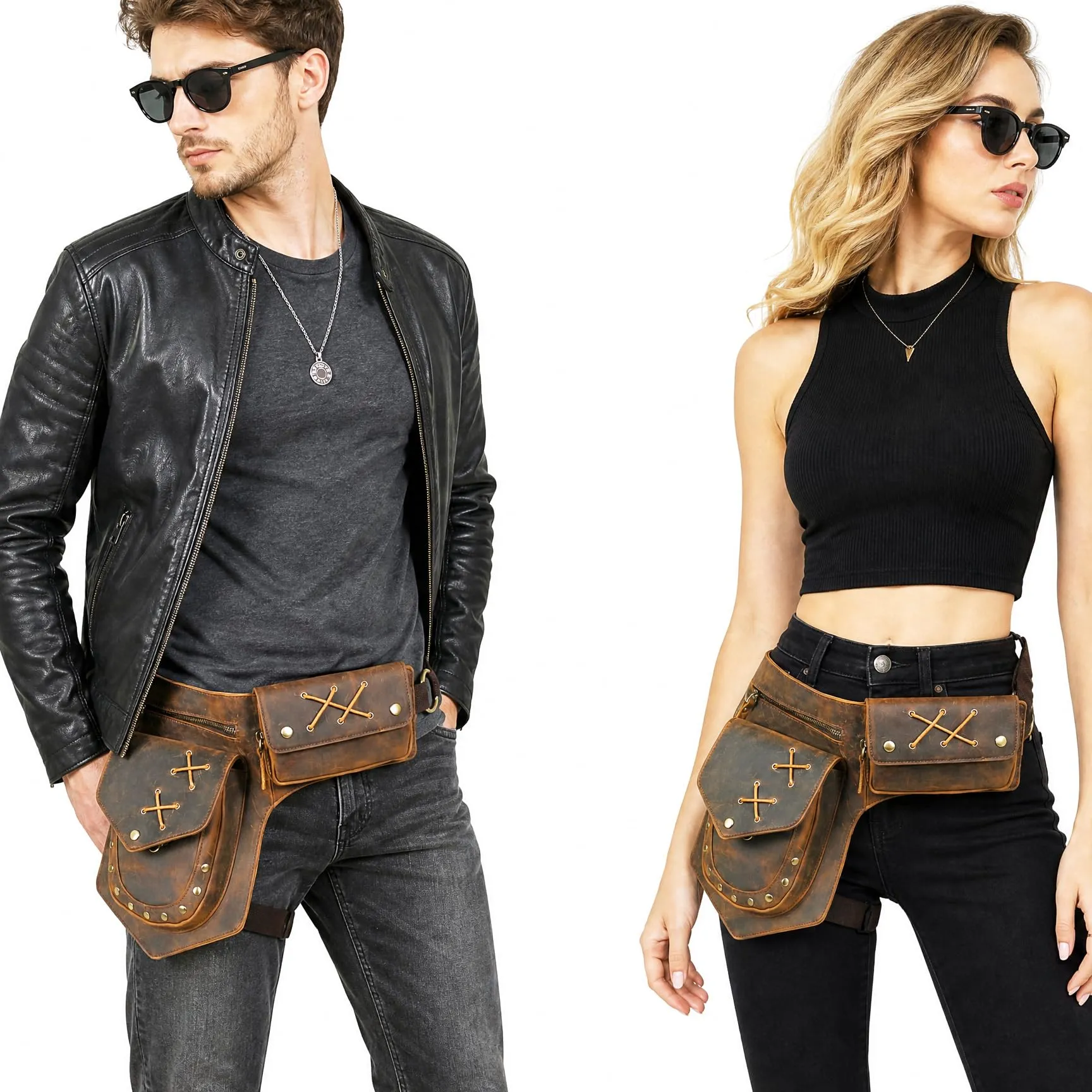 Handadsume Tela Resistente All'acqua + Vera Pelle Moto Equitazione Travel Coscia Borsa per Gambe Marsupio in Vita Per Gli Uomini Donne FB211-8 (100% Vera Pelle-A-Marrone) - immagine 2