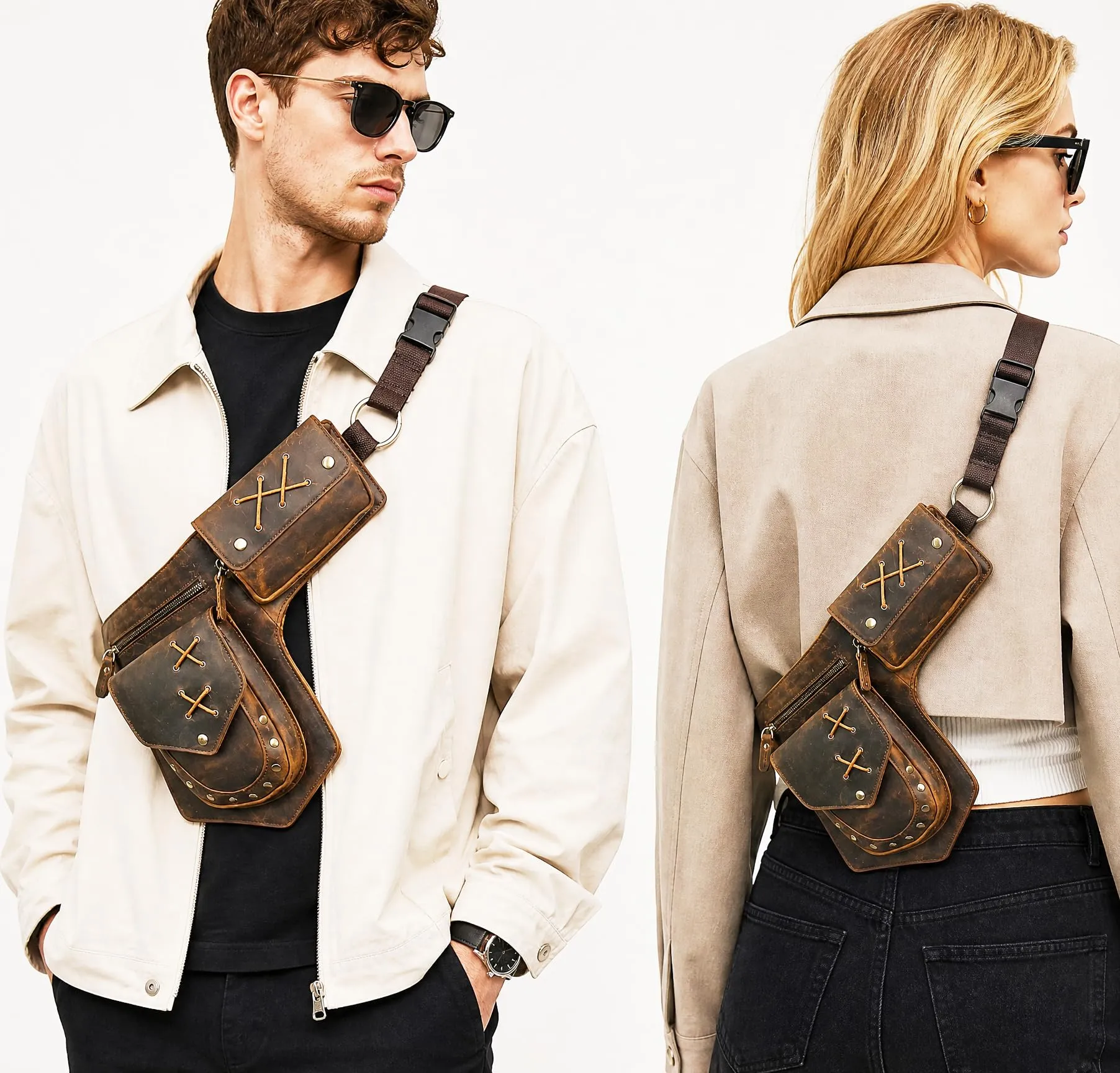 Handadsume Tela Resistente All'acqua + Vera Pelle Moto Equitazione Travel Coscia Borsa per Gambe Marsupio in Vita Per Gli Uomini Donne FB211-8 (100% Vera Pelle-A-Marrone) - immagine 3