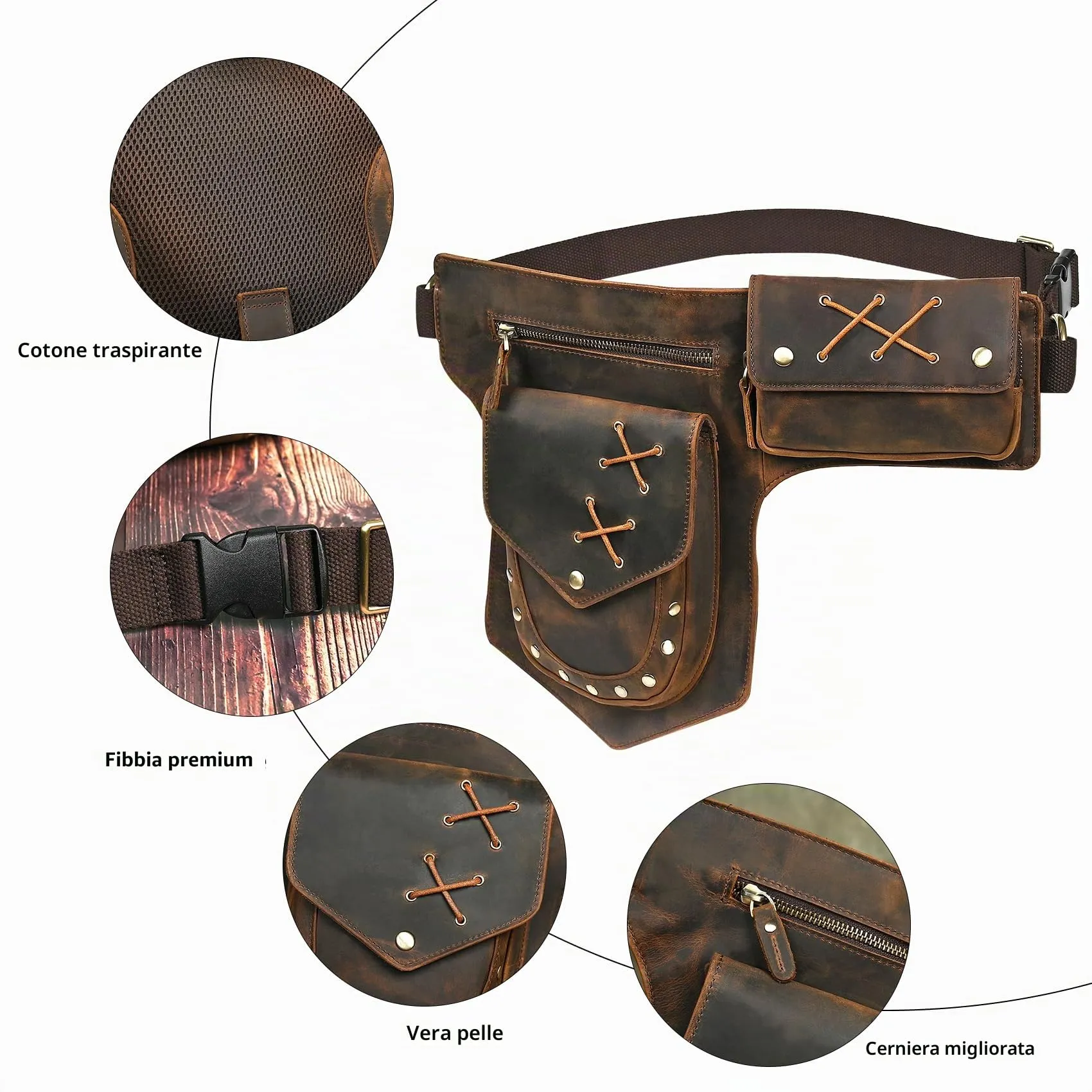 Handadsume Tela Resistente All'acqua + Vera Pelle Moto Equitazione Travel Coscia Borsa per Gambe Marsupio in Vita Per Gli Uomini Donne FB211-8 (100% Vera Pelle-A-Marrone) - immagine 5