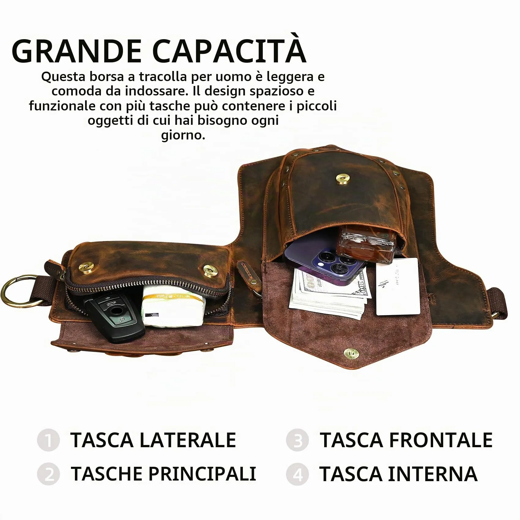 Handadsume Tela Resistente All'acqua + Vera Pelle Moto Equitazione Travel Coscia Borsa per Gambe Marsupio in Vita Per Gli Uomini Donne FB211-8 (100% Vera Pelle-A-Marrone) - immagine 6