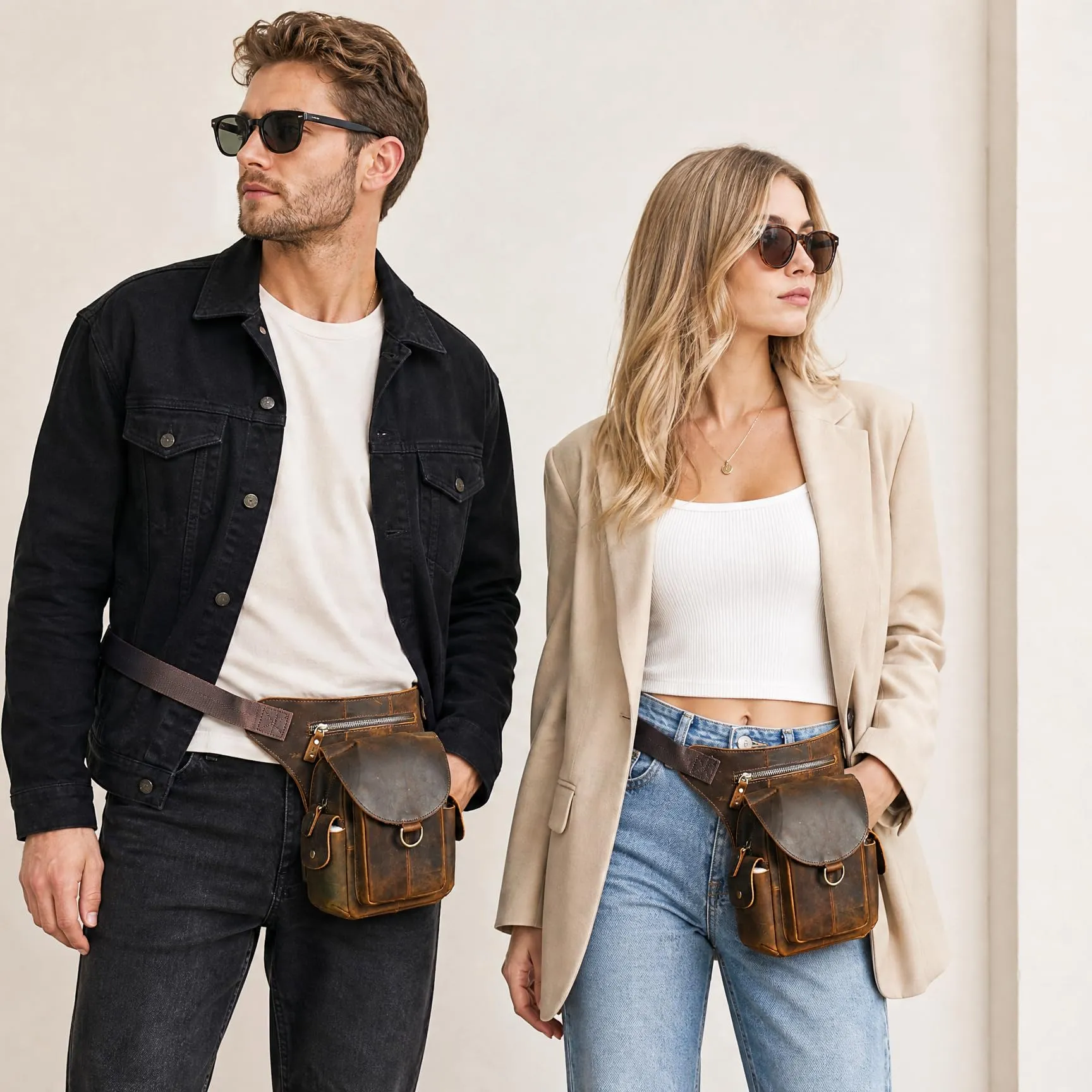 Handadsume Tela Resistente All'acqua + Vera Pelle Moto Equitazione Travel Coscia Borsa per Gambe Marsupio in Vita Per Gli Uomini Donne FB211-8 (X-9938-100% PELLE) - immagine 2