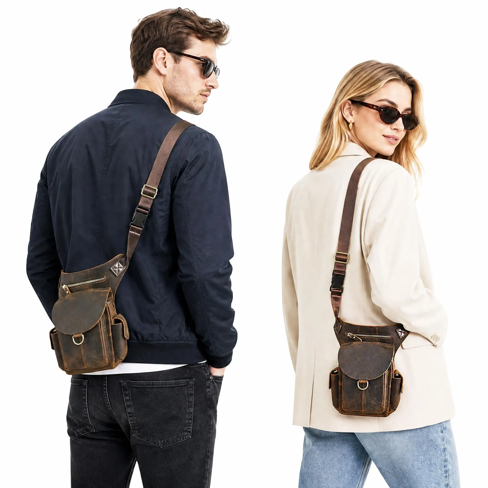 Handadsume Tela Resistente All'acqua + Vera Pelle Moto Equitazione Travel Coscia Borsa per Gambe Marsupio in Vita Per Gli Uomini Donne FB211-8 (X-9938-100% PELLE) - immagine 3
