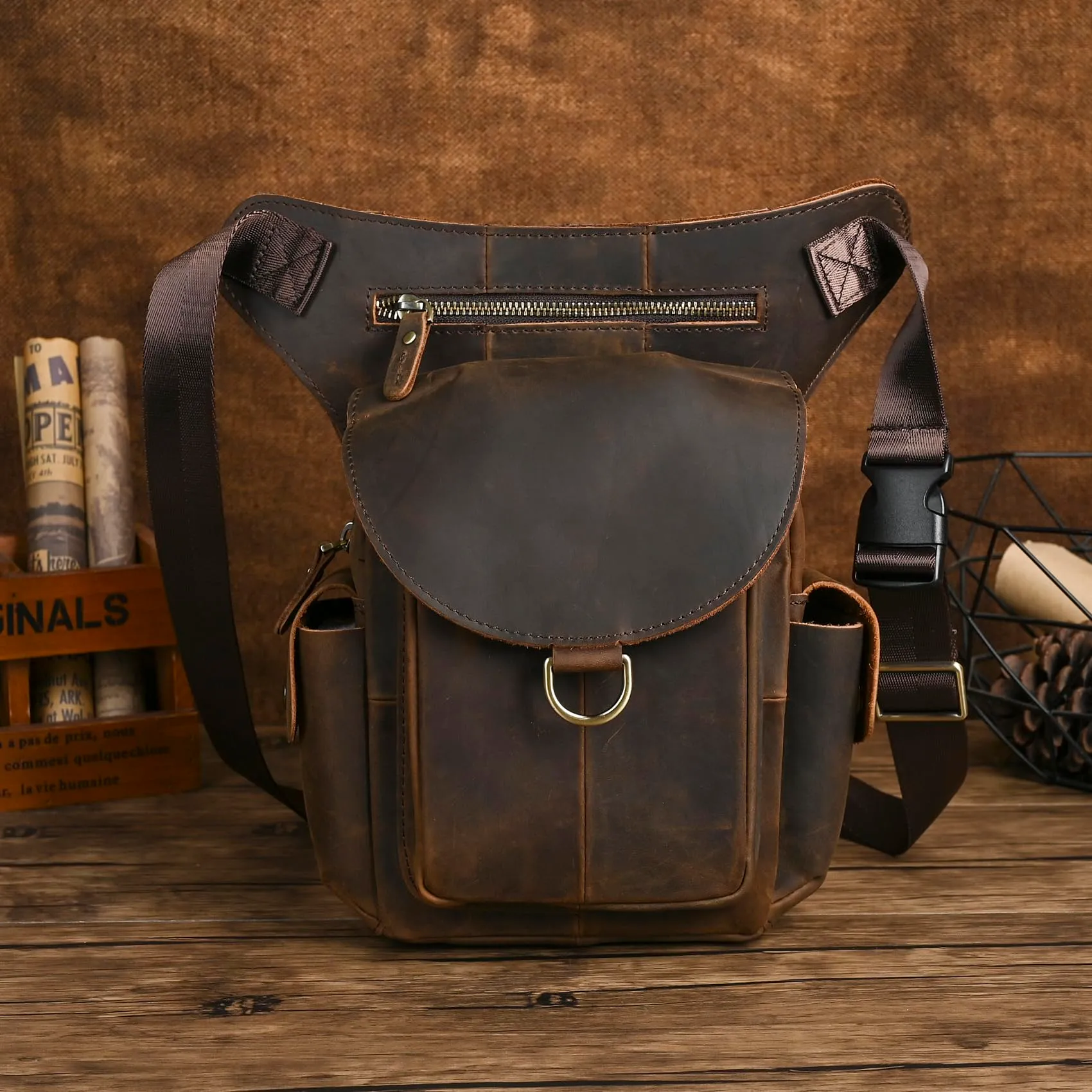 Handadsume Tela Resistente All'acqua + Vera Pelle Moto Equitazione Travel Coscia Borsa per Gambe Marsupio in Vita Per Gli Uomini Donne FB211-8 (X-9938-100% PELLE) - immagine 7