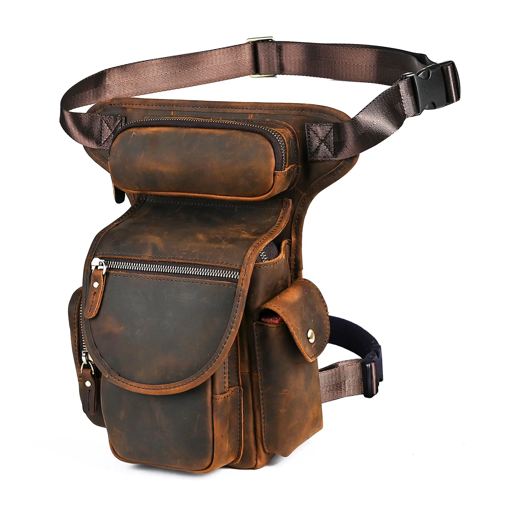 Handadsume Tela Resistente All'acqua + Vera Pelle Moto Equitazione Travel Coscia Borsa per Gambe Marsupio in Vita Per Gli Uomini Donne FB211-8 (X-3109-100% PELLE) - immagine 1