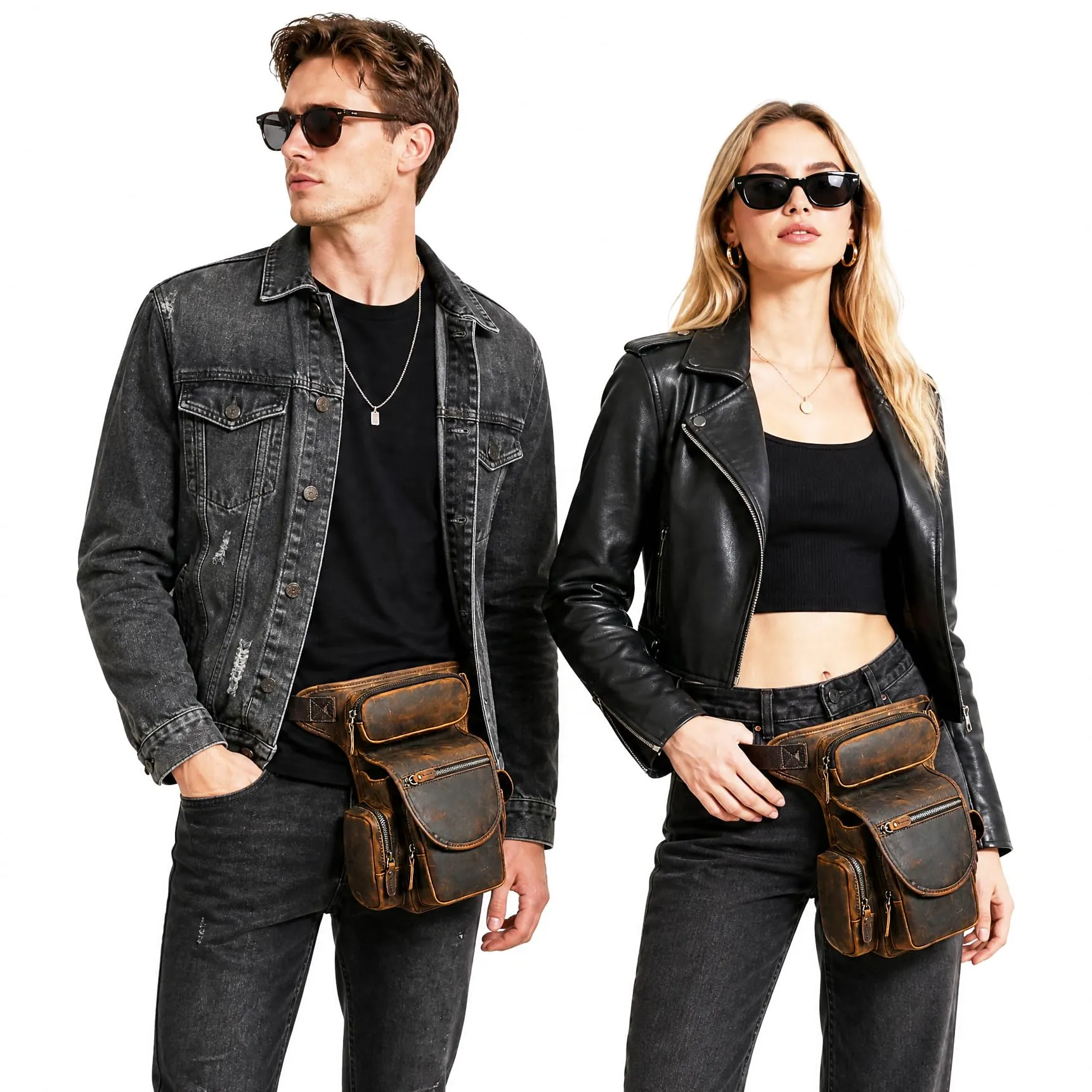 Handadsume Tela Resistente All'acqua + Vera Pelle Moto Equitazione Travel Coscia Borsa per Gambe Marsupio in Vita Per Gli Uomini Donne FB211-8 (X-3109-100% PELLE) - immagine 2