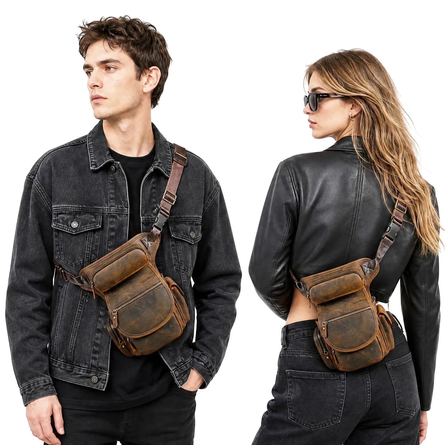 Handadsume Tela Resistente All'acqua + Vera Pelle Moto Equitazione Travel Coscia Borsa per Gambe Marsupio in Vita Per Gli Uomini Donne FB211-8 (X-3109-100% PELLE) - immagine 3