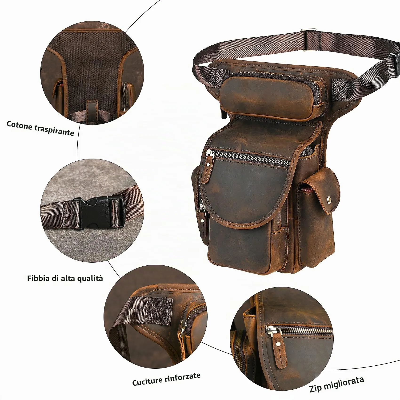 Handadsume Tela Resistente All'acqua + Vera Pelle Moto Equitazione Travel Coscia Borsa per Gambe Marsupio in Vita Per Gli Uomini Donne FB211-8 (X-3109-100% PELLE) - immagine 5