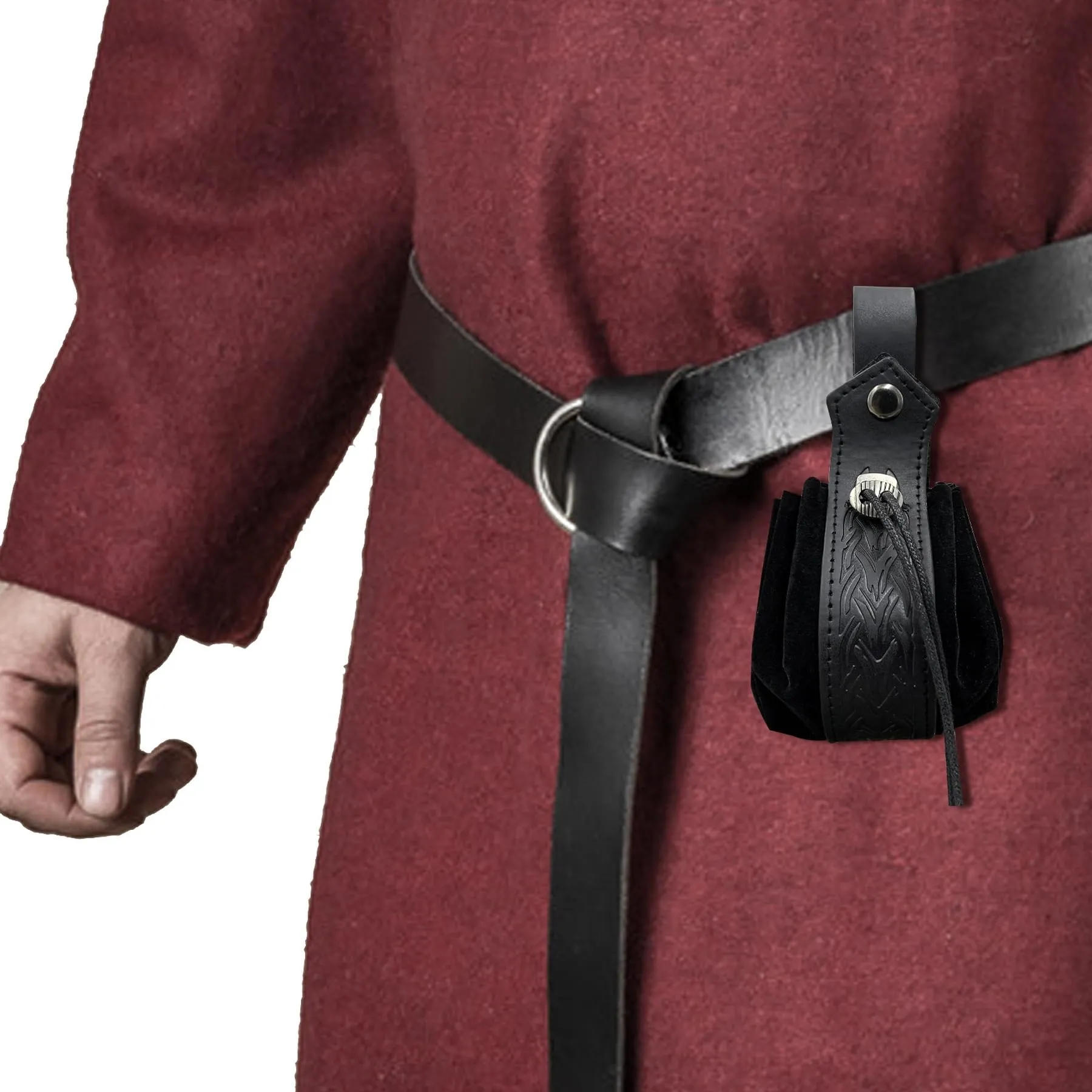 Marsupio medievale in ecopelle, marsupio vichingo con coulisse, portamonete rinascimentale vintage, sacchetto dei dadi per il LARP Halloween Ren Faire (Nero-2) - immagine 3