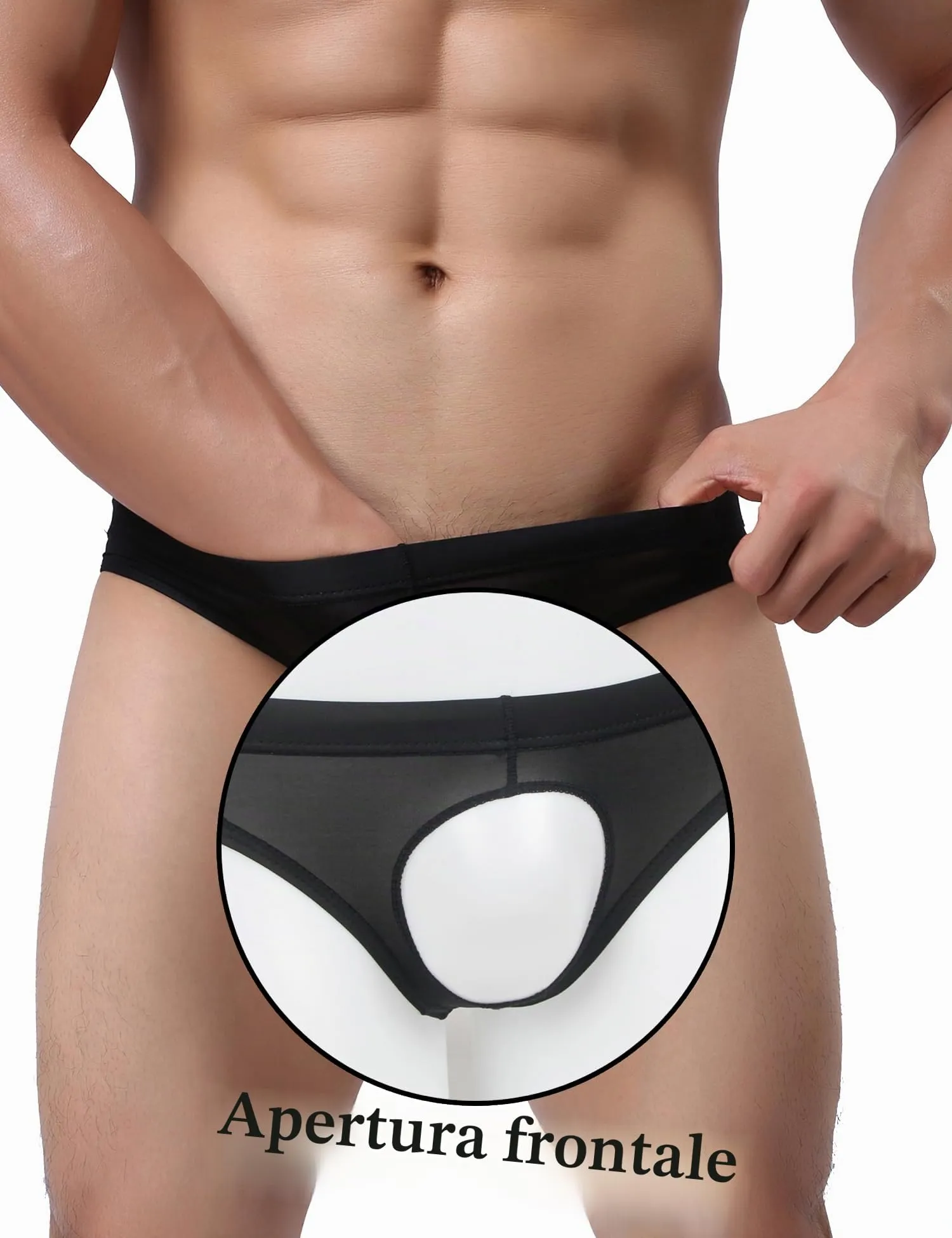ohyeahlady Perizoma Uomo con Buco Davanti Seta di Ghiaccio Nero,S - immagine 3