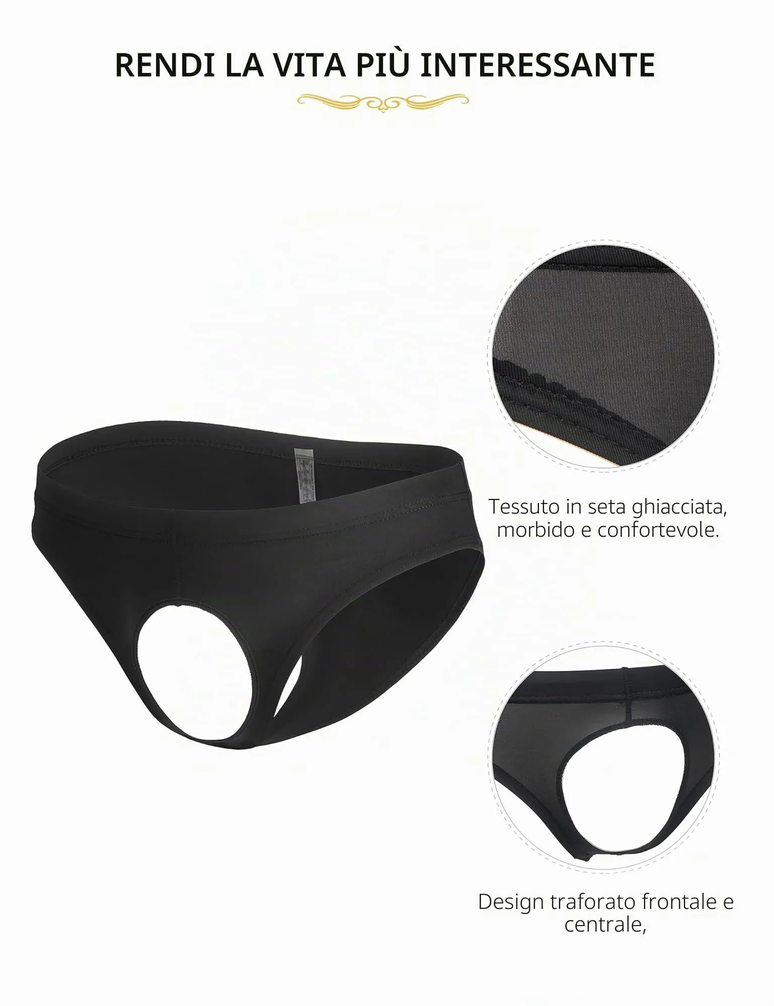 ohyeahlady Perizoma Uomo con Buco Davanti Seta di Ghiaccio Nero,XL - immagine 4