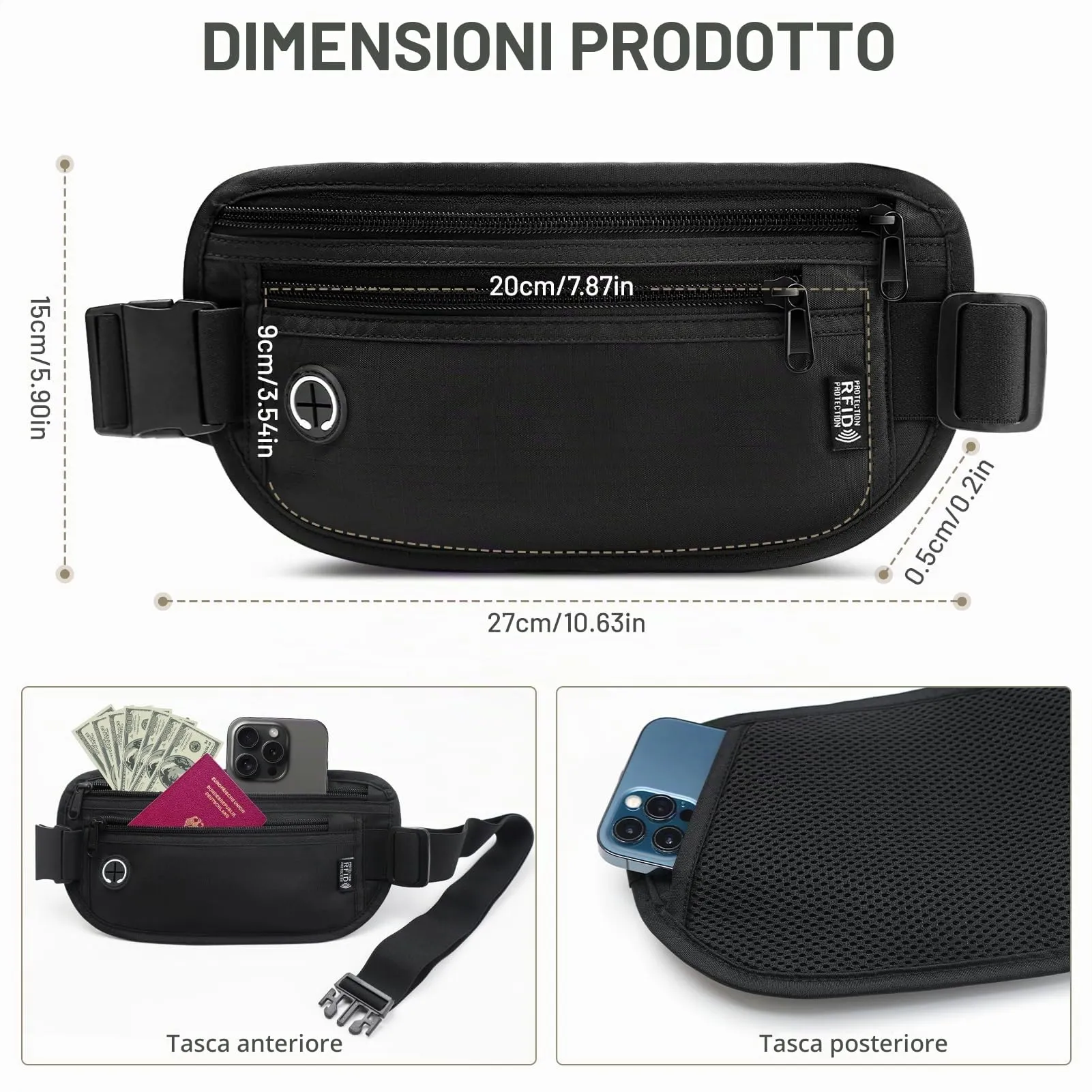 GlasFlength Marsupio da Viaggio con Blocco RFID, Cintura Portasoldi Antifurto per Uomo Donna Regolabile Sottile Borsa Sportiva per Passaporto Carte Contanti Impermeabile Cintura per Soldi (Nero) - immagine 2