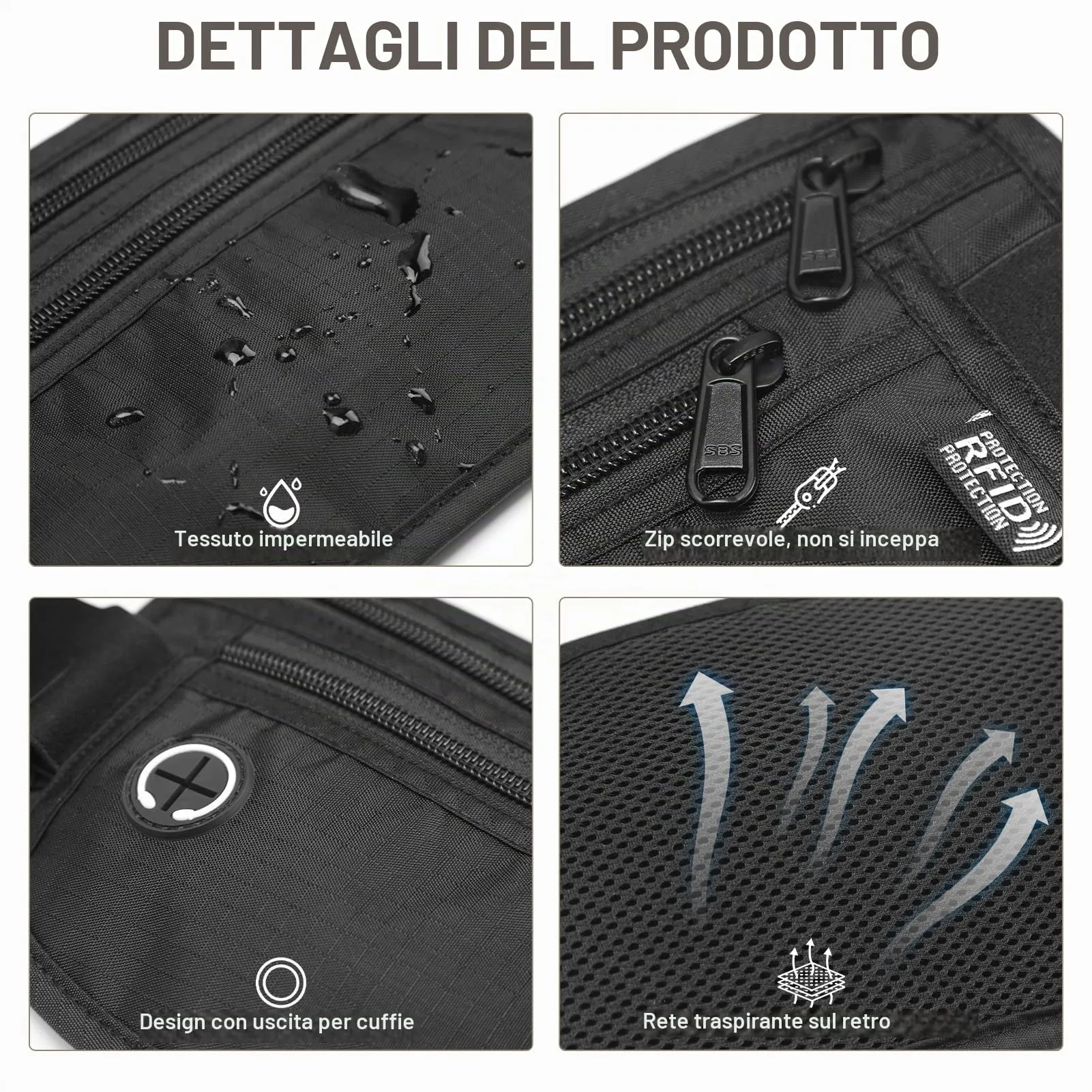 GlasFlength Marsupio da Viaggio con Blocco RFID, Cintura Portasoldi Antifurto per Uomo Donna Regolabile Sottile Borsa Sportiva per Passaporto Carte Contanti Impermeabile Cintura per Soldi (Nero) - immagine 3