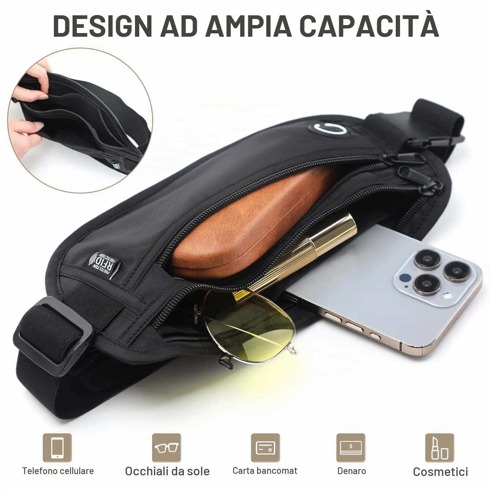 GlasFlength Marsupio da Viaggio con Blocco RFID, Cintura Portasoldi Antifurto per Uomo Donna Regolabile Sottile Borsa Sportiva per Passaporto Carte Contanti Impermeabile Cintura per Soldi (Nero) - immagine 4