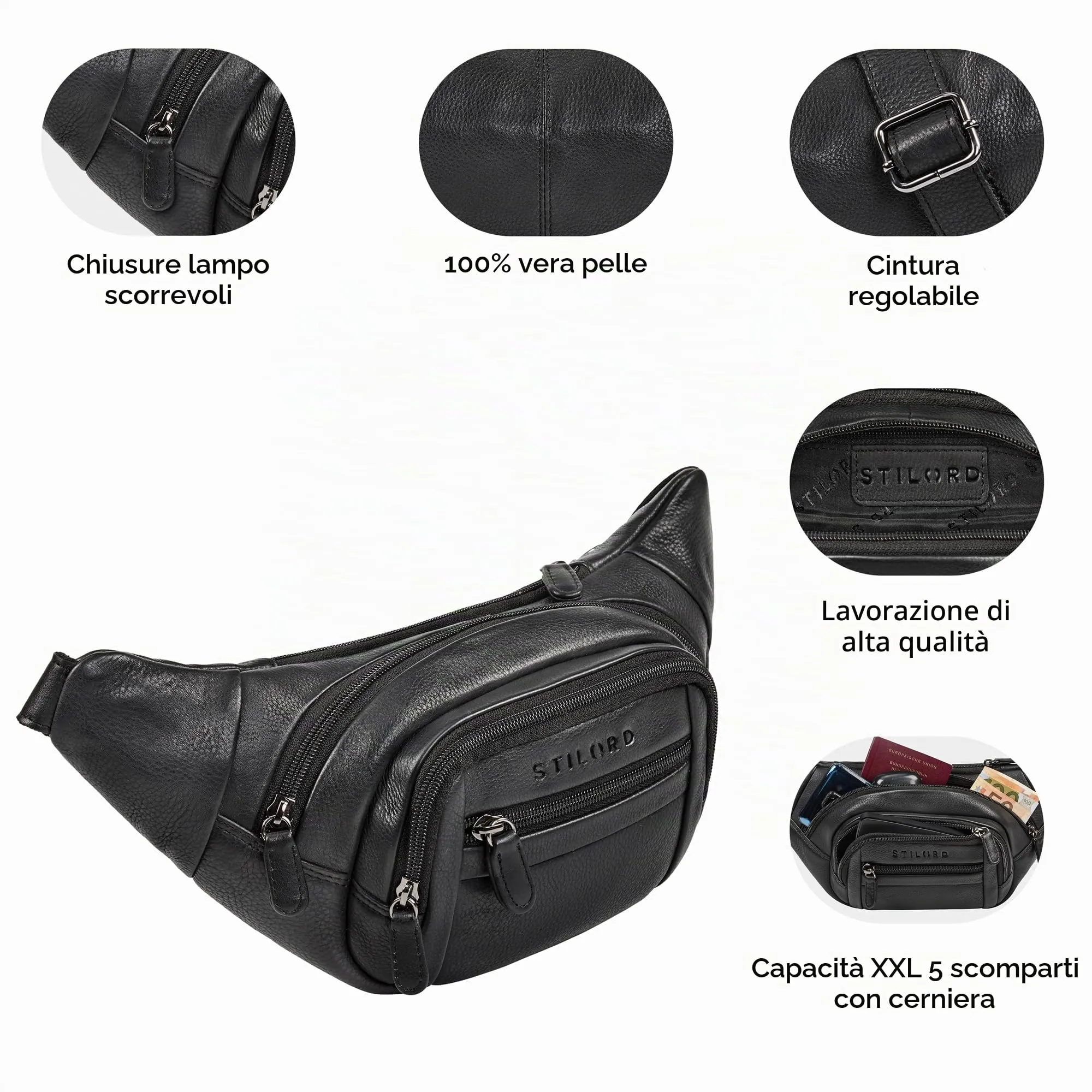 STILORD 'Dublin' Marsupio Uomo Pelle Grande Dimensioni - Marsupio da Cintura per Festival, Viaggio e Jogging - Borsa pelle con 5 Zip Tasche & Cintura Regolabile, Colore:nero - immagine 3