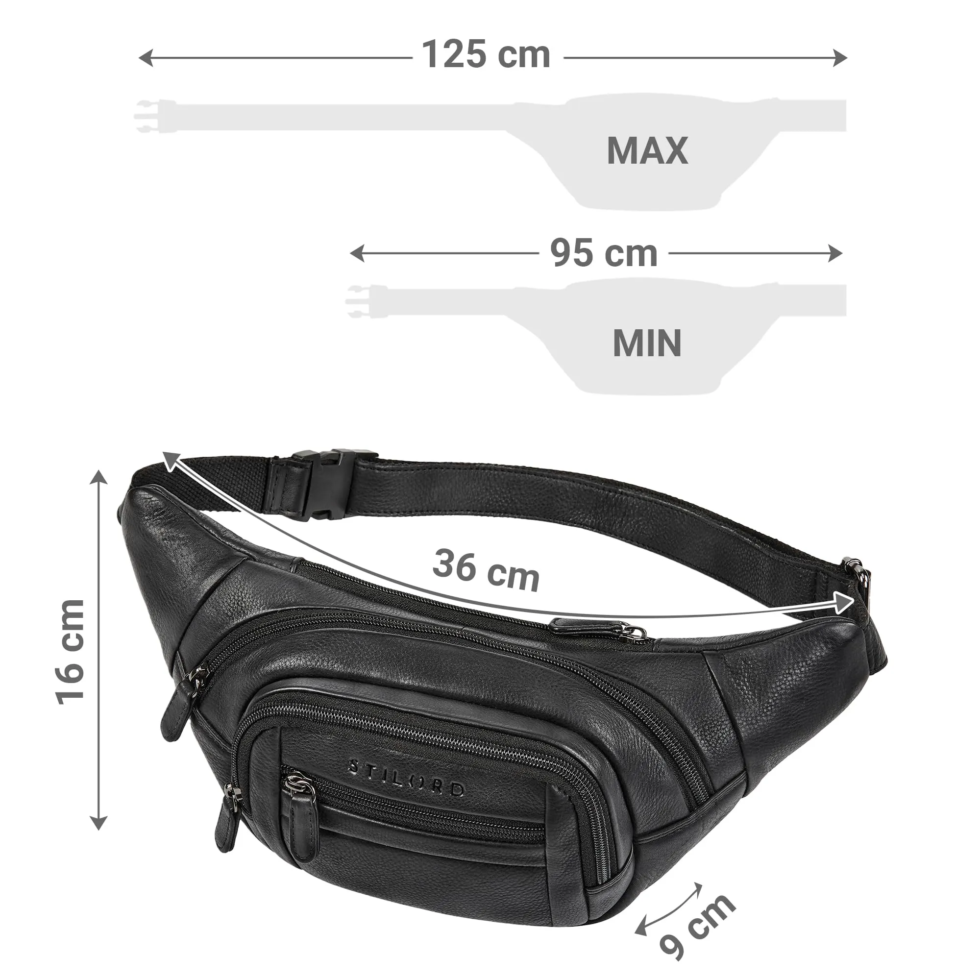 STILORD 'Dublin' Marsupio Uomo Pelle Grande Dimensioni - Marsupio da Cintura per Festival, Viaggio e Jogging - Borsa pelle con 5 Zip Tasche & Cintura Regolabile, Colore:nero - immagine 6
