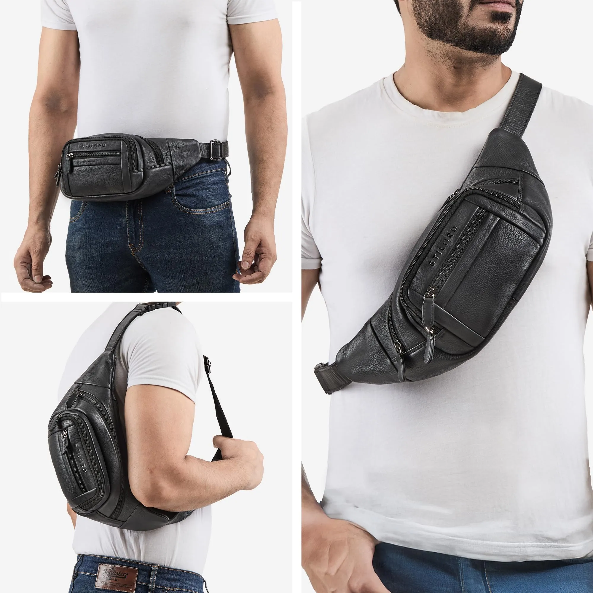 STILORD 'Dublin' Marsupio Uomo Pelle Grande Dimensioni - Marsupio da Cintura per Festival, Viaggio e Jogging - Borsa pelle con 5 Zip Tasche & Cintura Regolabile, Colore:nero - immagine 7
