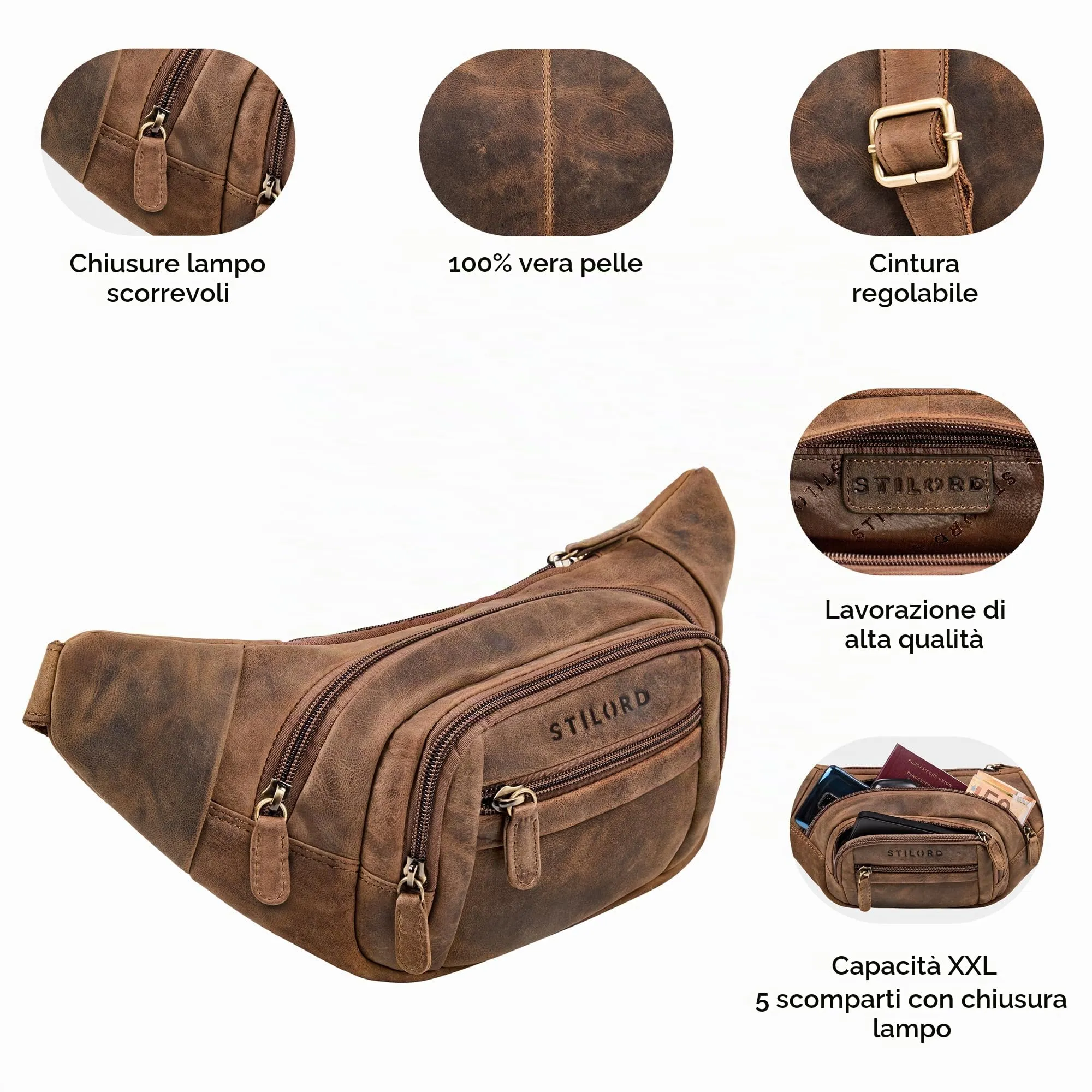 STILORD 'Dublin' Marsupio Uomo Pelle Grande Dimensioni - Marsupio da Cintura per Festival, Viaggio e Jogging - Borsa pelle con 5 Zip Tasche & Cintura Regolabile, Colore:marrone medio - immagine 3
