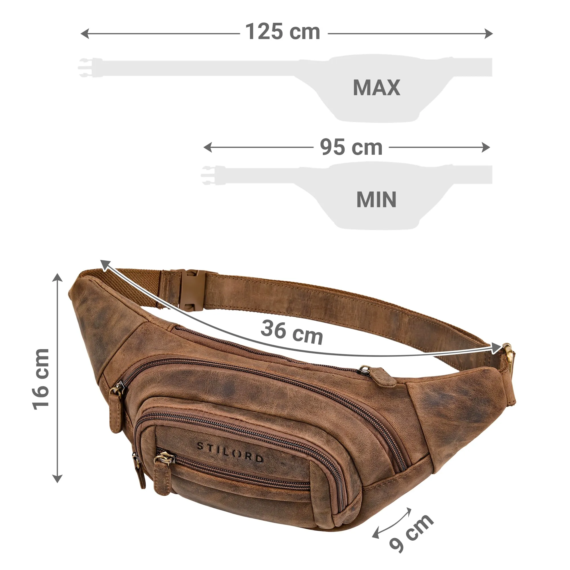STILORD 'Dublin' Marsupio Uomo Pelle Grande Dimensioni - Marsupio da Cintura per Festival, Viaggio e Jogging - Borsa pelle con 5 Zip Tasche & Cintura Regolabile, Colore:marrone medio - immagine 6