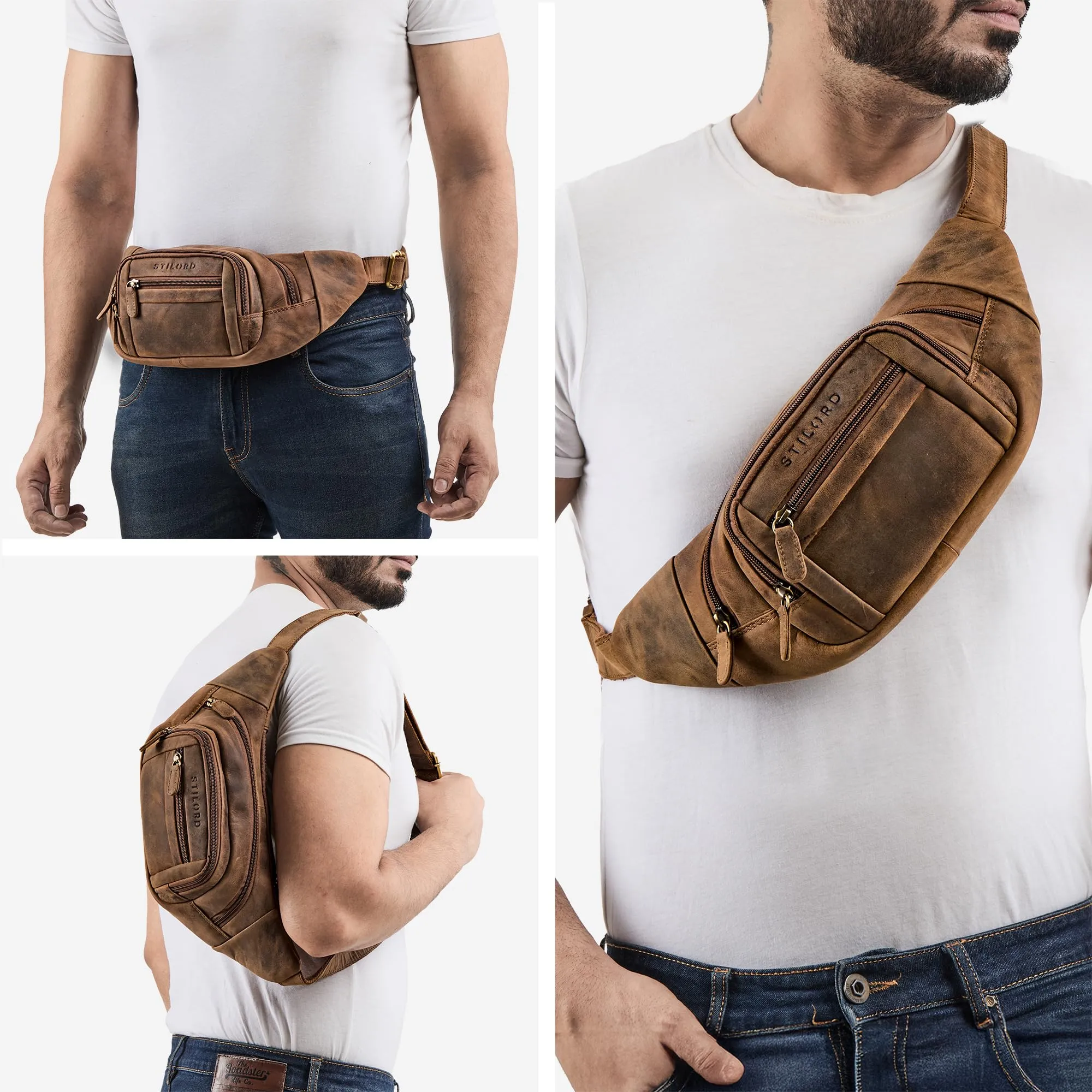 STILORD 'Dublin' Marsupio Uomo Pelle Grande Dimensioni - Marsupio da Cintura per Festival, Viaggio e Jogging - Borsa pelle con 5 Zip Tasche & Cintura Regolabile, Colore:marrone medio - immagine 7