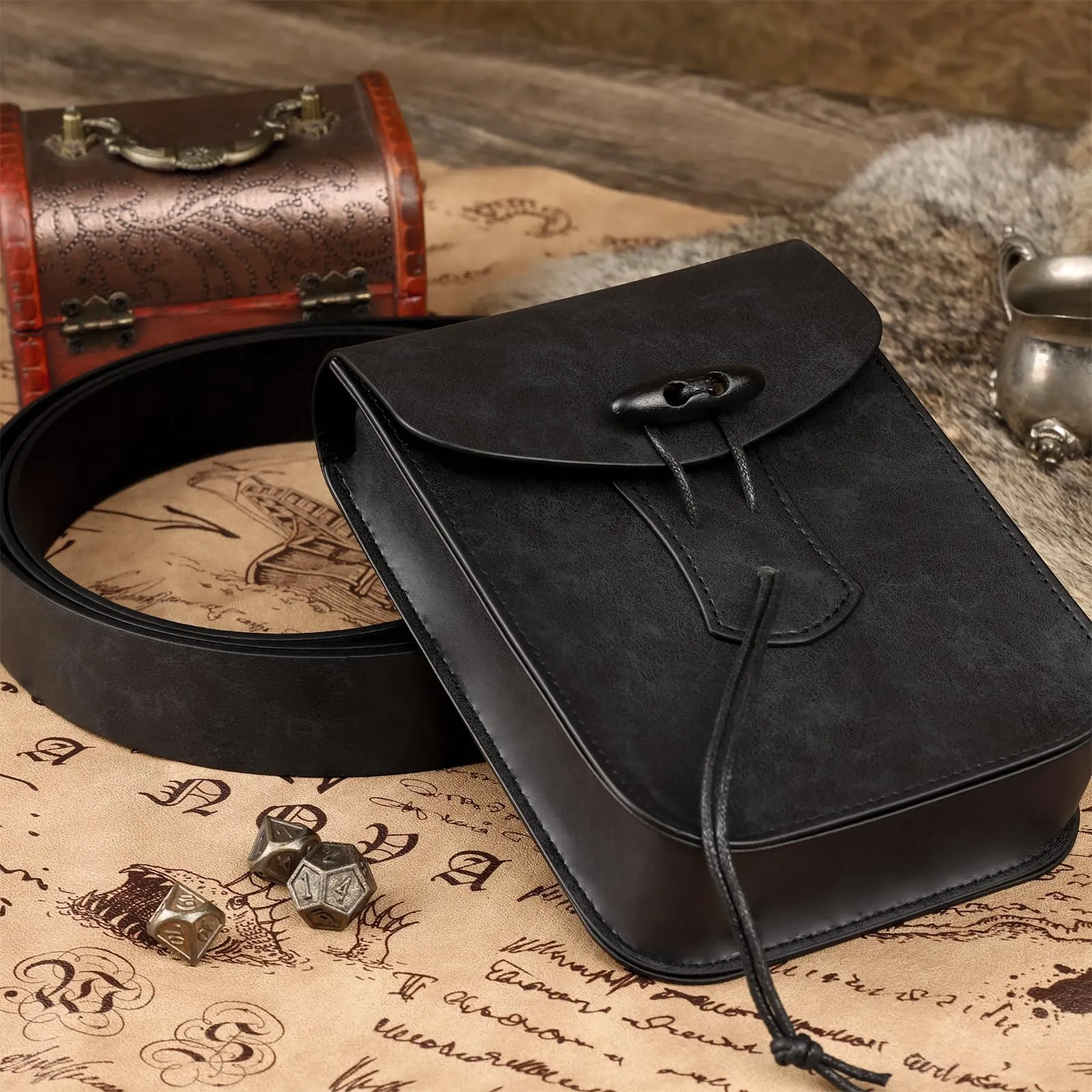 EpicCos Marsupio Rinascimentale, Accessori Medievali da Pirata per Cosplay LARP, Borsa da Vita Vintage in Pelle con Cintura da Fiera Rinascimentale, Nero a, Taglia unica - immagine 2