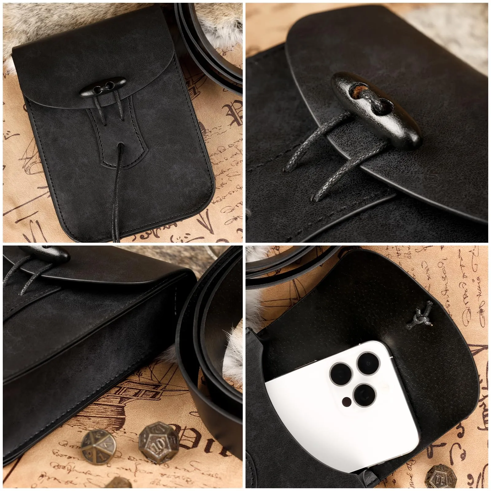 EpicCos Marsupio Rinascimentale, Accessori Medievali da Pirata per Cosplay LARP, Borsa da Vita Vintage in Pelle con Cintura da Fiera Rinascimentale, Nero a, Taglia unica - immagine 3